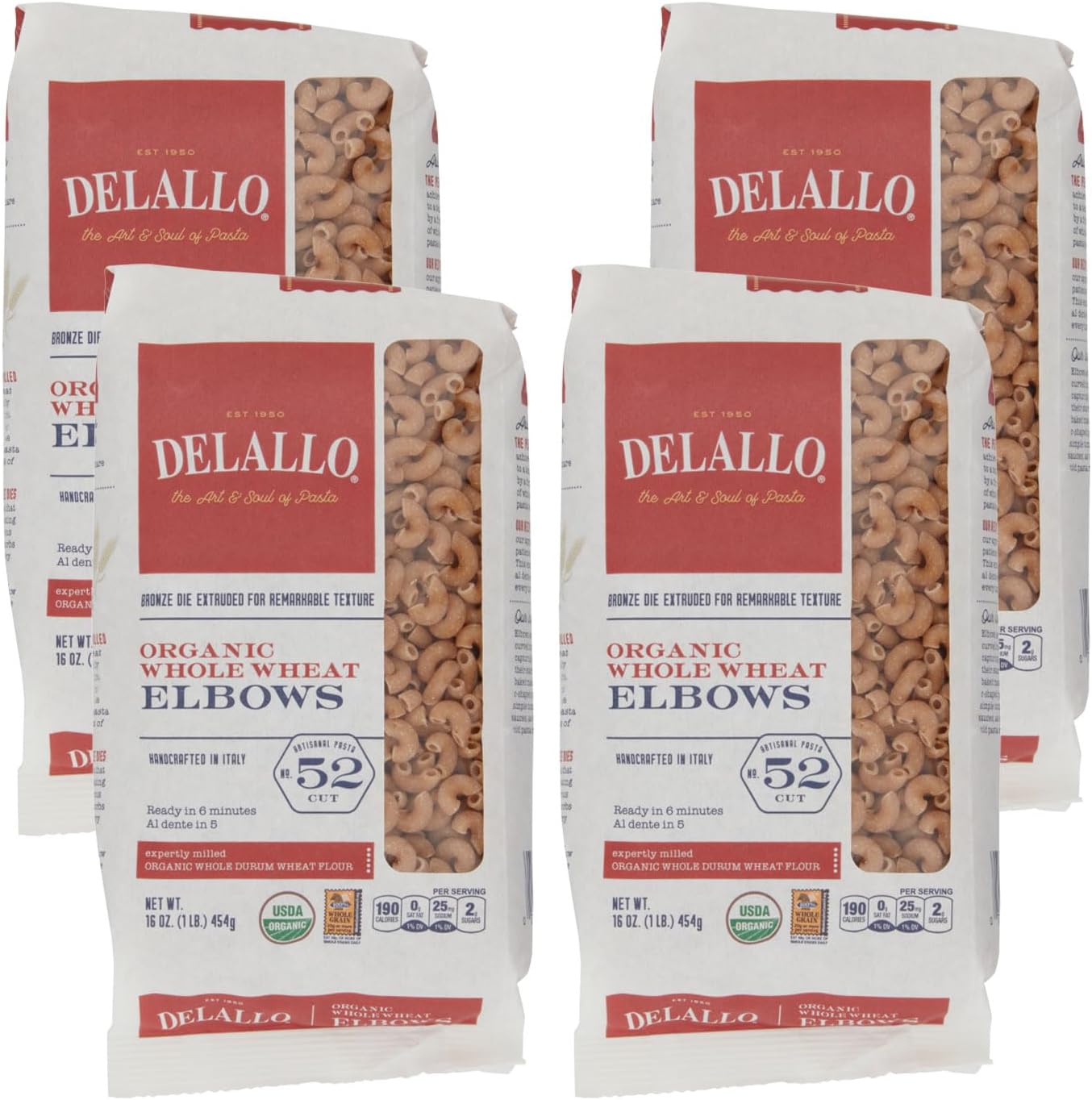 DeLallo Whole Wheat Elbow Macaroni Pasta, 1 Pound Bag, 4 Pack, 100% Organic, Made in Italy, High Protein