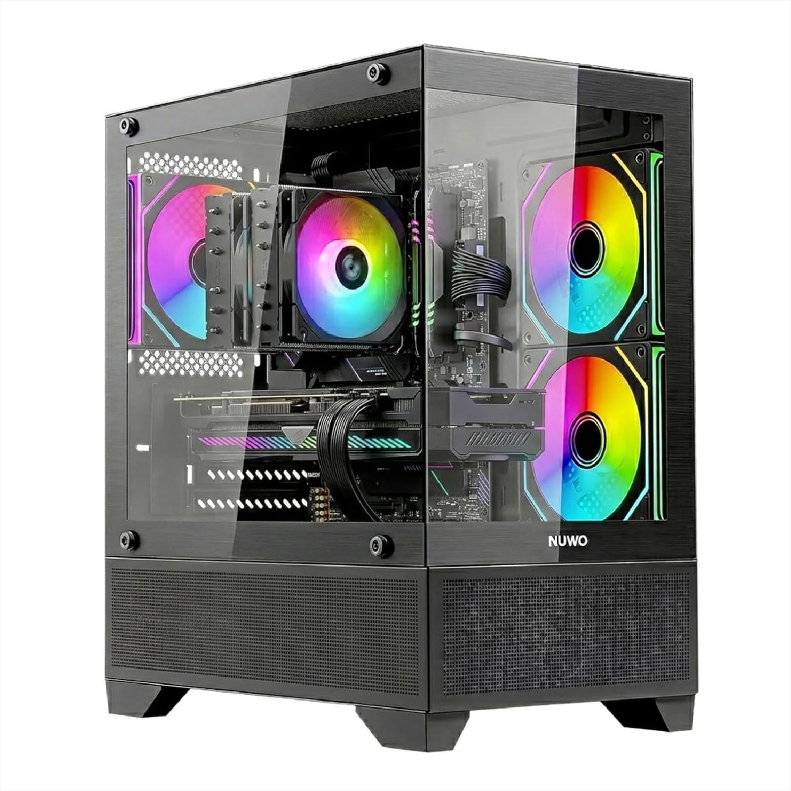 Nuwo Flow FK100 | Case PC Gaming Micro-ATX Mini Tower Nero | 3 Ventole ARGB 120mm Incluse | Doppio Vetro Temperato Panoramico | Airflow Mesh | USB 3.0