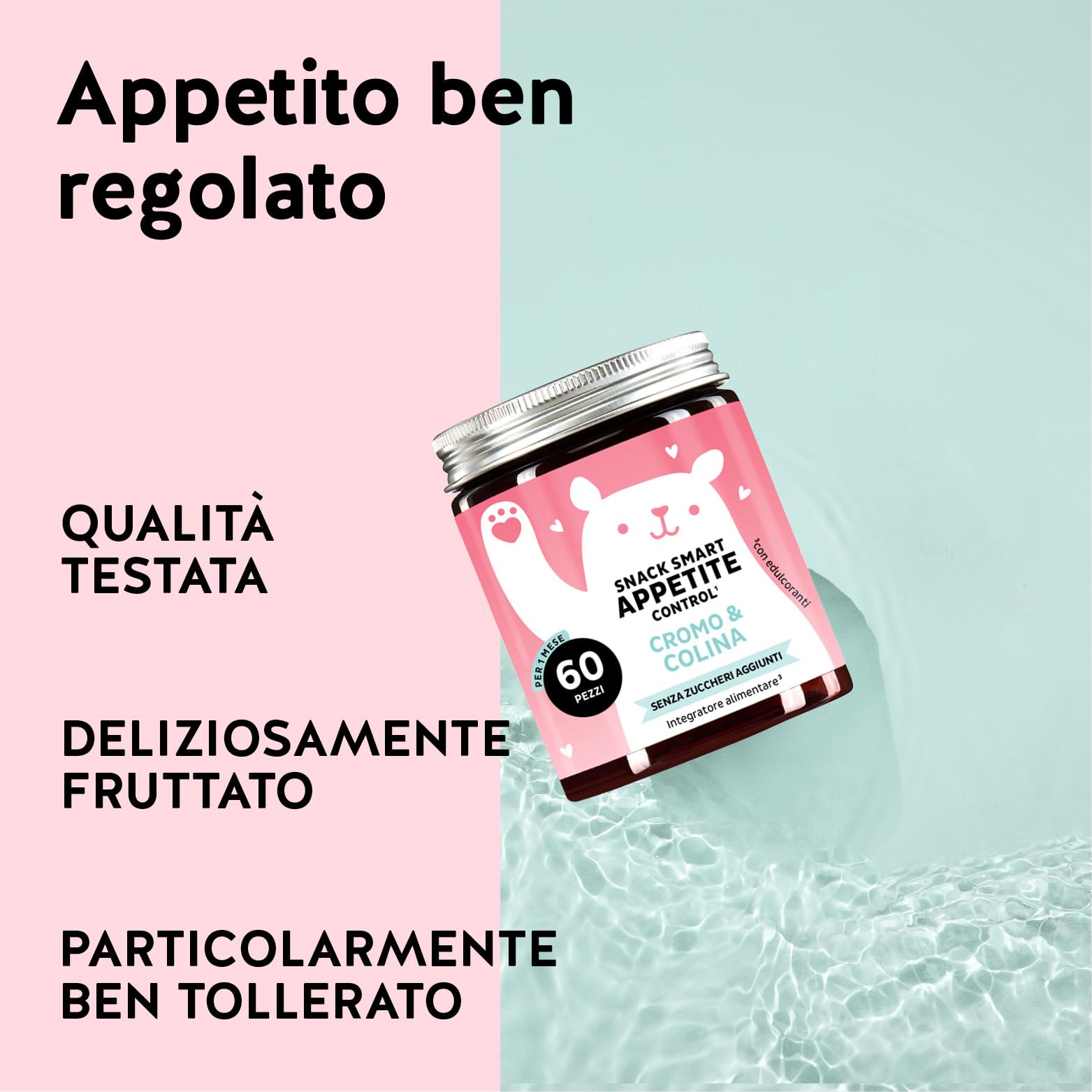 Snack Smart - Caramelle Gommose Controllo dell'Appetito - Multivitaminico, Con Cromo Picolinato e Colina - Senza Zuccheri Aggiunti, Vegano - 60 pezzi (1mese) - Bears with Benefits