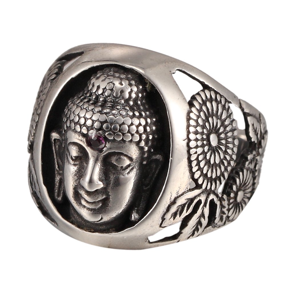 Mens Silver Tone Carved Buddha Head Ring 316L Stainless Steel Ring (12)