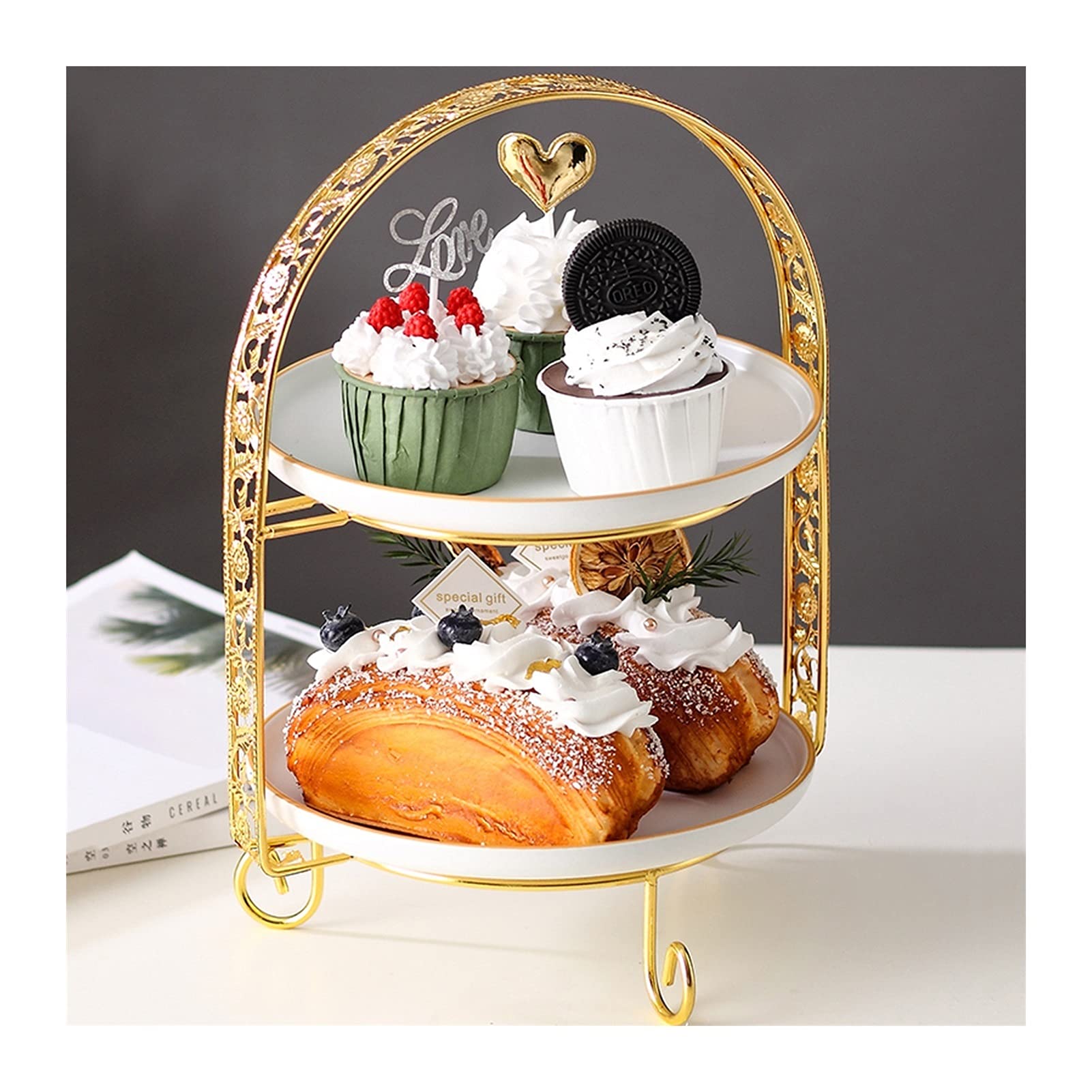 Présentoir à Gâteau Stand de gâteau en céramique Table de desserts à deux niveaux avec poignée Poignée de gâteau polyvalent for mariages, fêtes de thé, anniversaires (vert / blanc) Support à Gâteau (