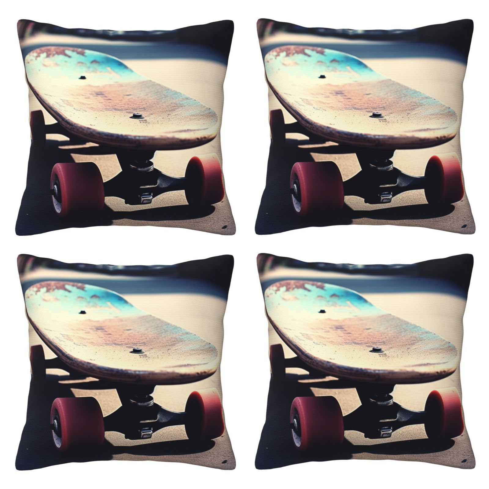 Skateboard Throw Pillow Cases 4 Pack Square Pillowcases Super Soft Pillow Protectors With Zipper for Couch Livingroom Sofa Bed Office Car,50x50 CM