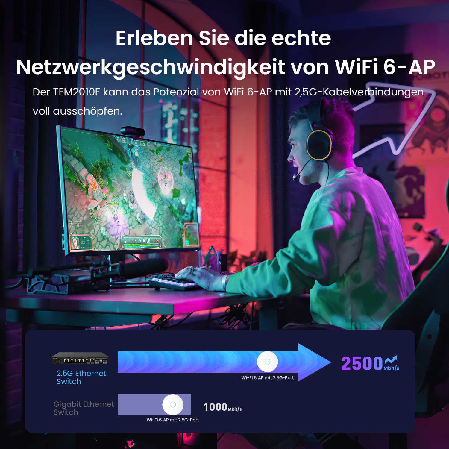 Tenda 2.5 Gbit Switch 8-Port Unmanaged 2.5G Netzwerk Switch mit 2 SFP-Ports (VLAN, Statische Aggregation, Plug & Play, Desktop-/Wandmontage, Metallgehäuse)(TEM2010F)