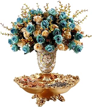 2 Tiered Fruit Bowl for Kitchen Counter,Resin Fruit Basket Plate with Rhinestones Decoration Fruit Plate with Vase Gold Fruit Holder