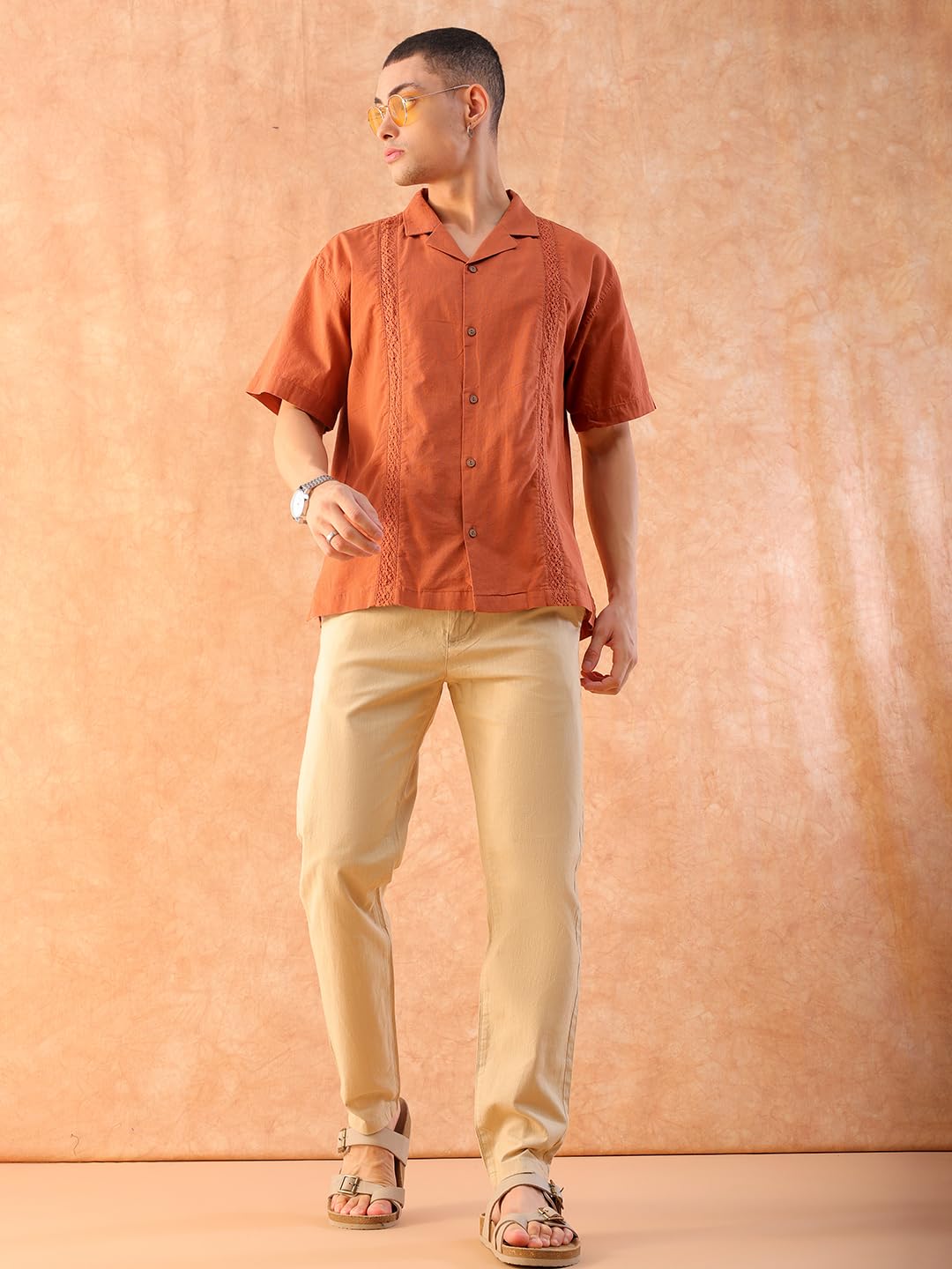 The Indian Garage Co Męskie spodnie slim fit Solid Mid-Rise elastyczne lniane spodnie