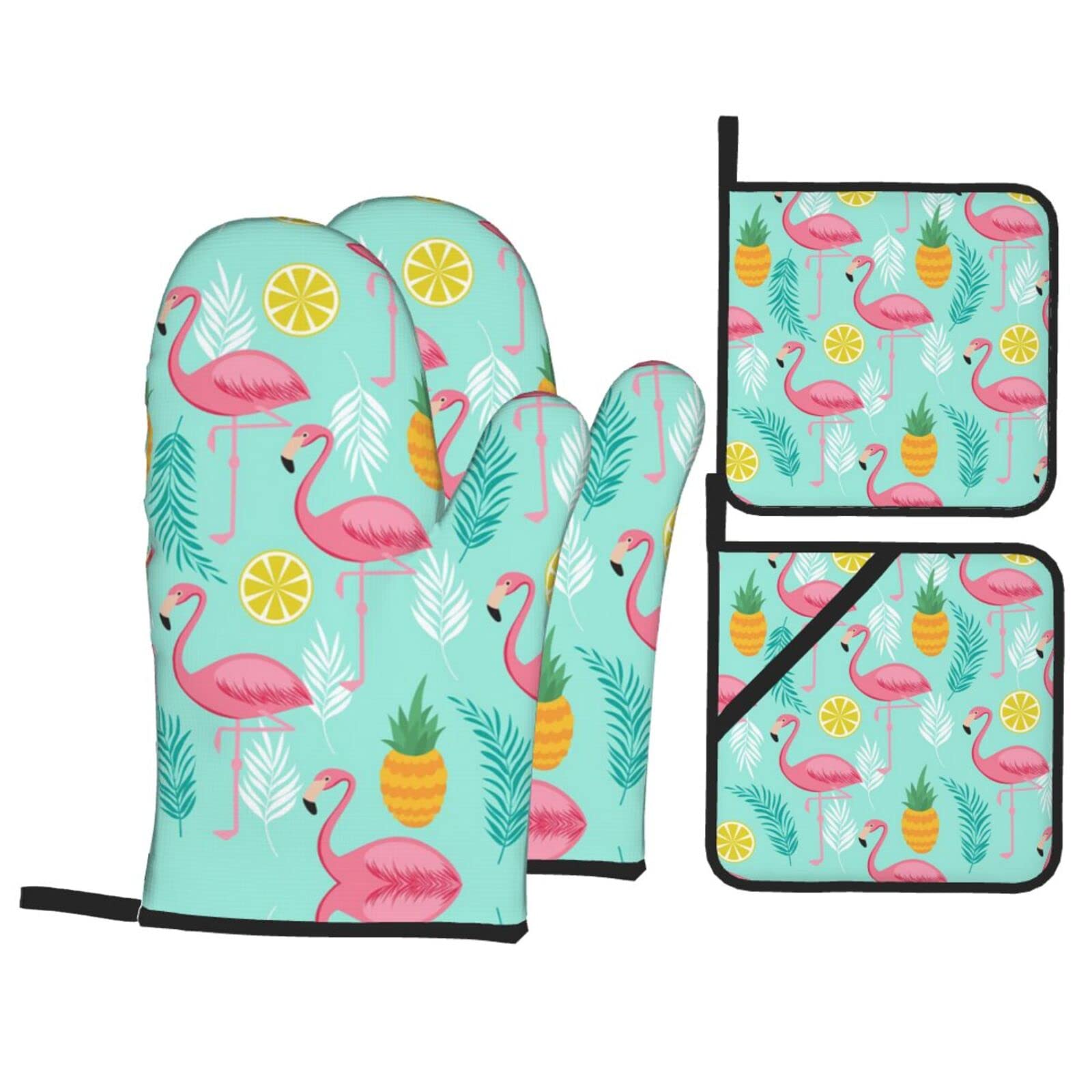 Flamingo Oven Mitt and Pot Holder 4-Piece Set for Kitchen, Outdoor Grill, Baking