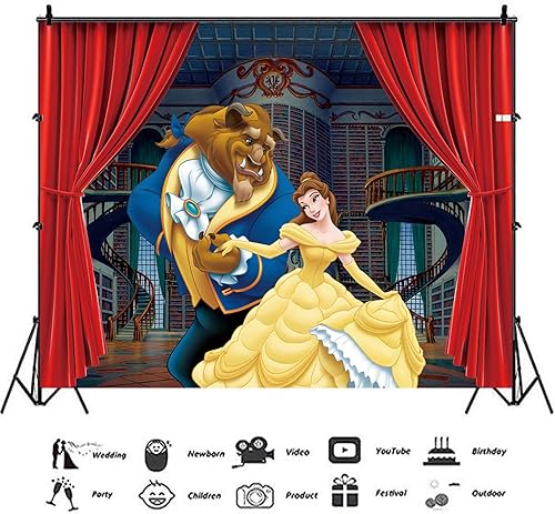 Miniatura 3 de Fondo de fotografía de Bella y la Bestia telón de fondo de castillo cortina roja 7 x 5 pies fondo de fotos de feliz cumpleaños decoración de fiesta