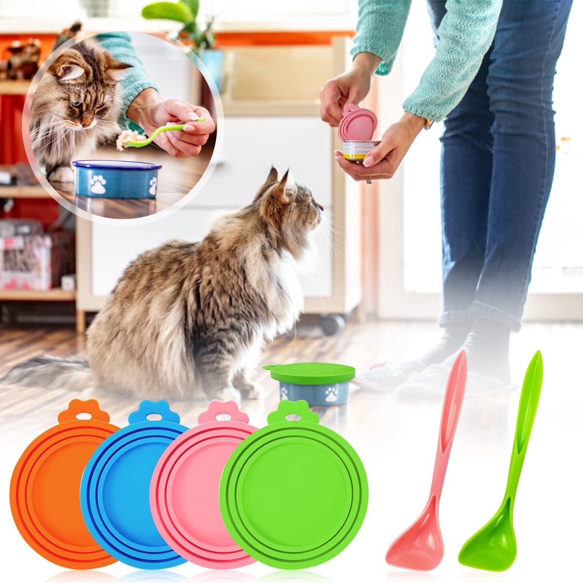 4 Pezzi Coperture per Lattine per Animali, Ucoperchi Universali in Silicone per Barattoli di Latta per Cani e Gatti Coperchi con 2 Cucchiai per la Conservazione del Cibo per Cane e Gatto