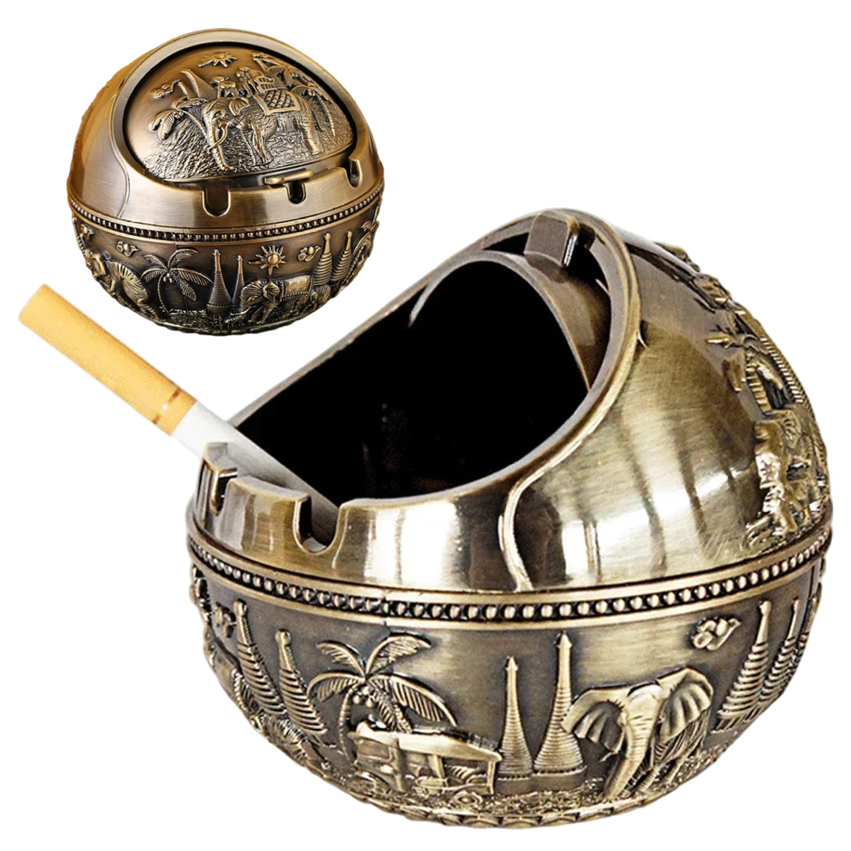 DAGLLGEW Vintage Ashtray Carved Patterns Cool Ashtray Portable Windproof Ash Tray with Lid for Home Car Office Outside 4.1x3.7 inch