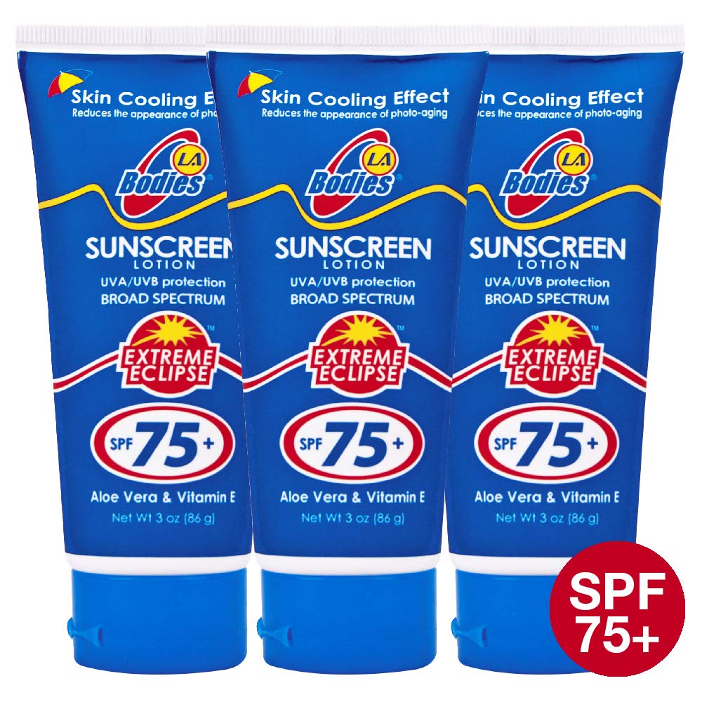 Sunscreen Moisturizing Face & Body Lotion (SPF 75) w/Aloe Vera for Cooling Sensation | LA BODIES | For Acne Prone Skin | Quick Absorption | UVA UVB Protection Sunblock | 3oz | 3 Pack