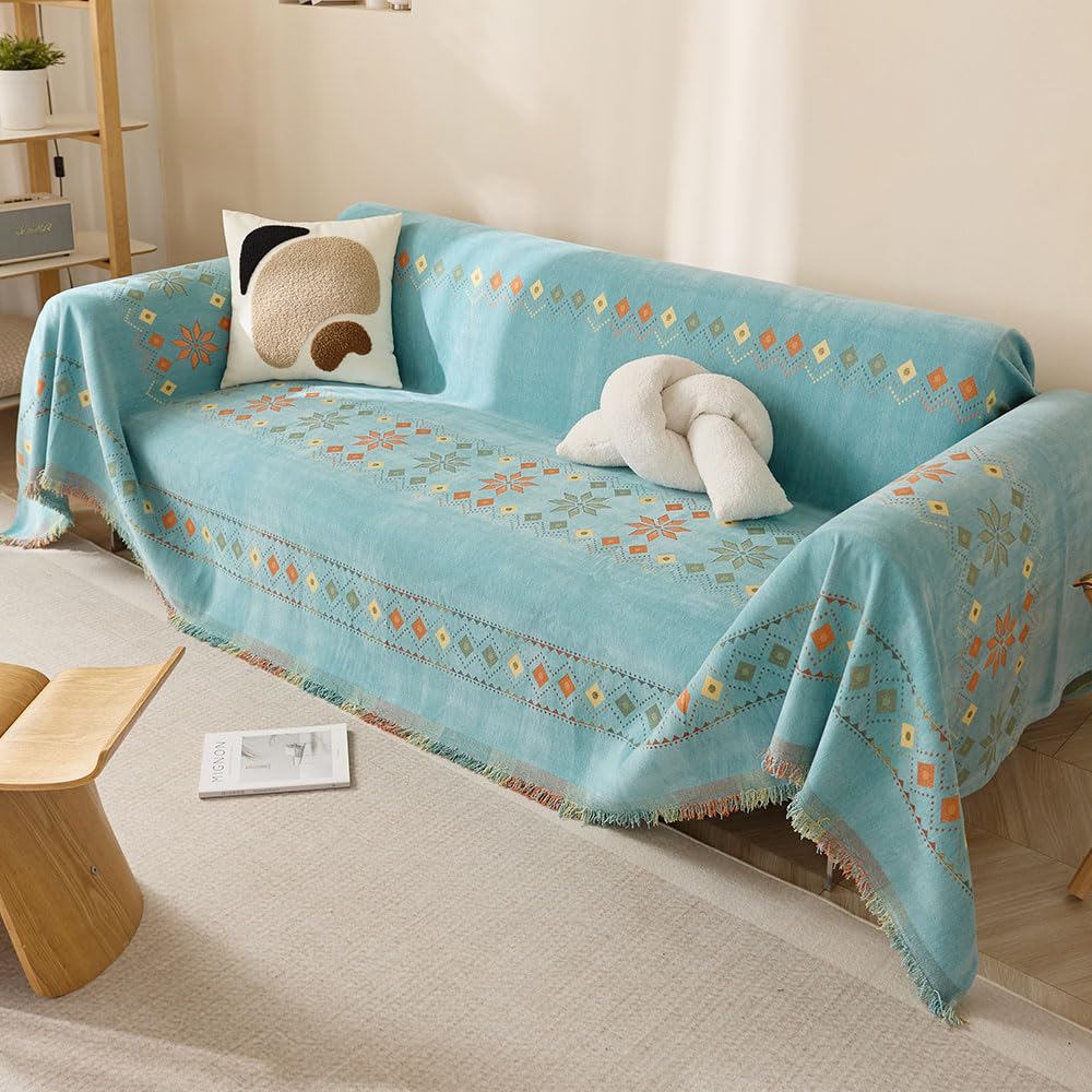Grande coperta per divano in tessuto con nappe, extra large, morbida, per divano, letto e poltrona, versatile decorazione per la casa (180 x 260 cm, ciano)
