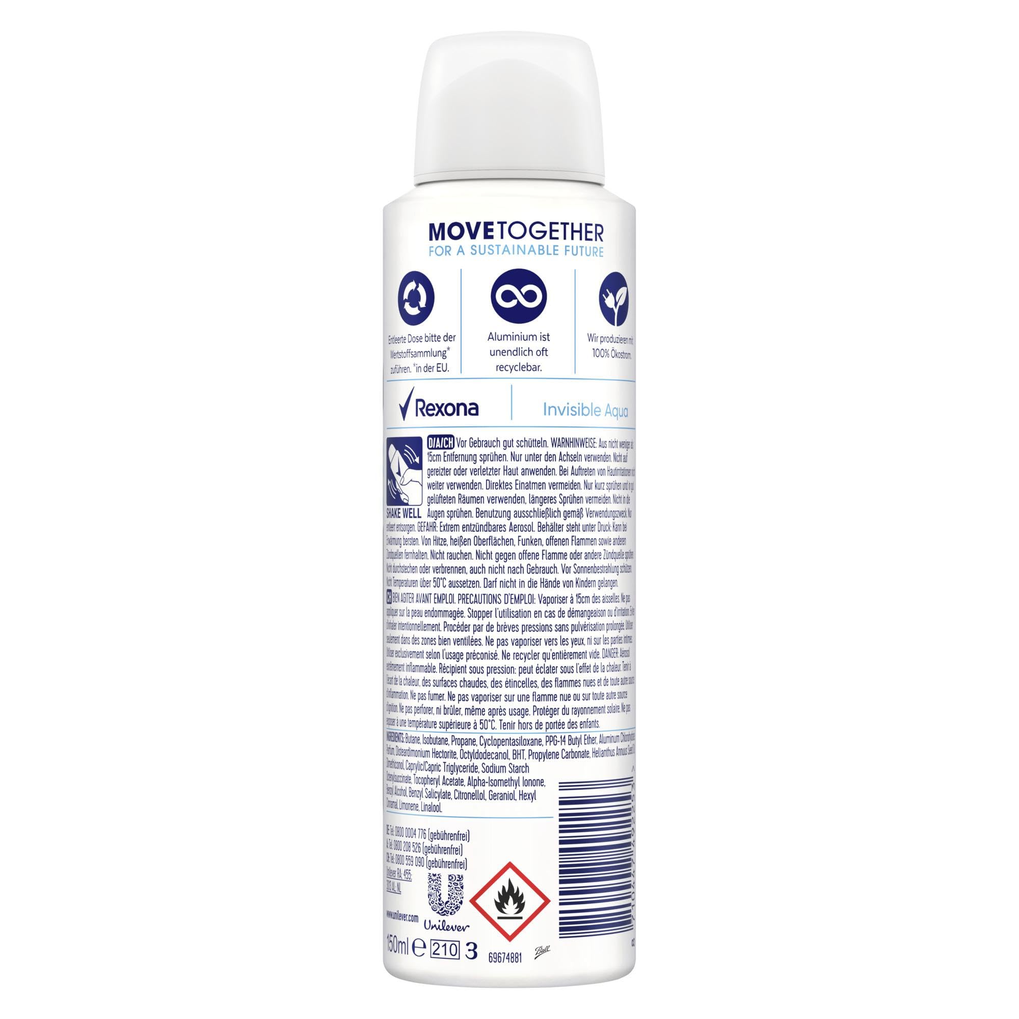 Rexona MotionSense Deo Spray Invisible Aqua Anti Transpirant mit 48 Stunden Schutz gegen Körpergeruch und Achselnässe 6x 150 ml – Ansicht 2