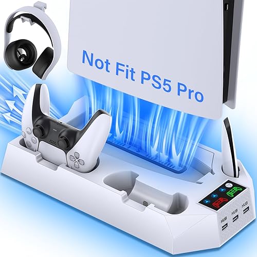 PS5 PS5 Slim Stand and Cooling Station with Dual Controller Charging Station for PlayStation 5 Console, PS5 Accessories Incl. Controller Charger,