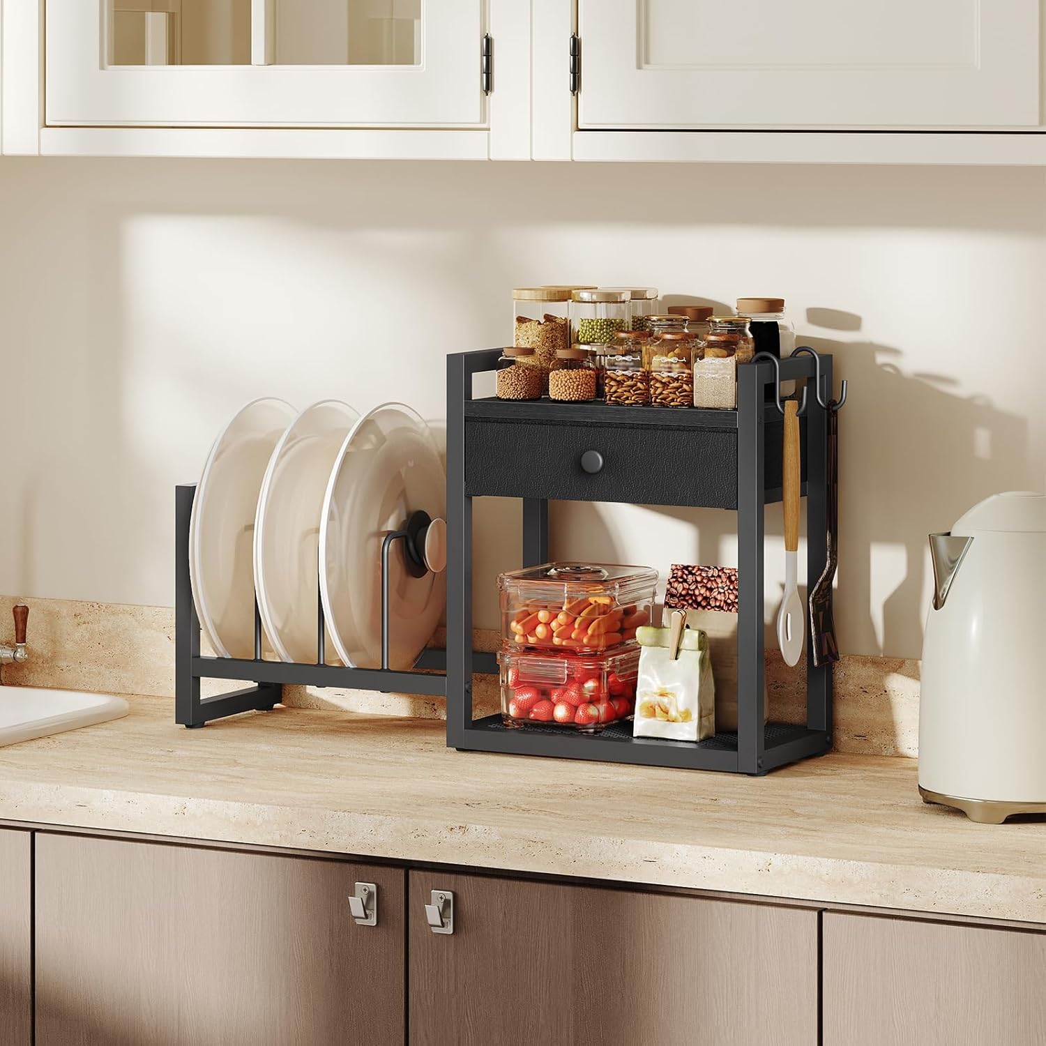 Kitchen Island on Wheels and Pots Rack Bundle, Pots and Pans Organizer Rack, KINW12501-POBK2201