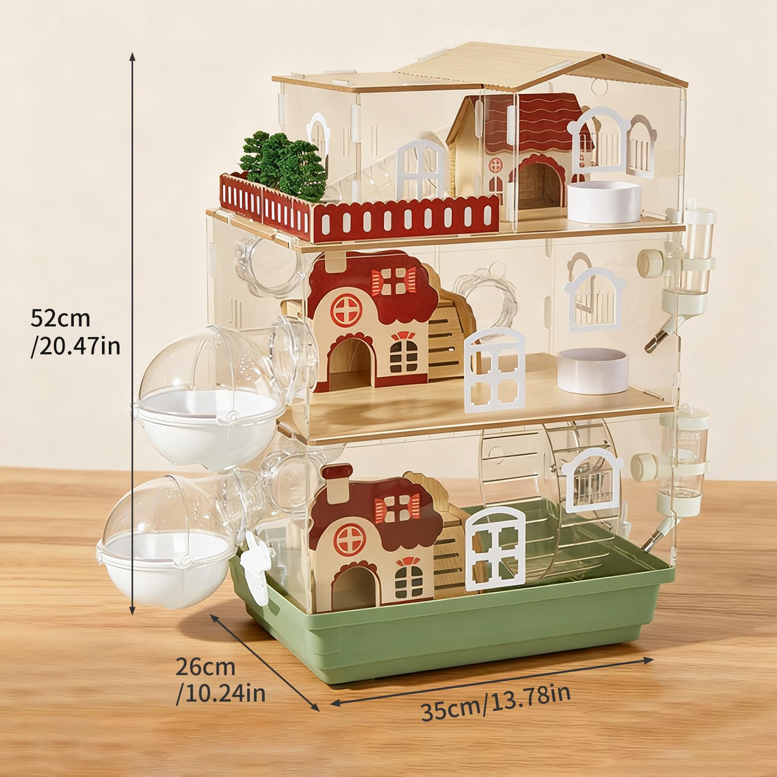 Gabbia per criceti in acrilico 17 in 1, design da giardino, 35 × 26 × 52 cm, trasparente, a più piani, con villa in legno, girante, tunnel, borraccia, vasca da bagno e accessori da gioco (3 livelli)