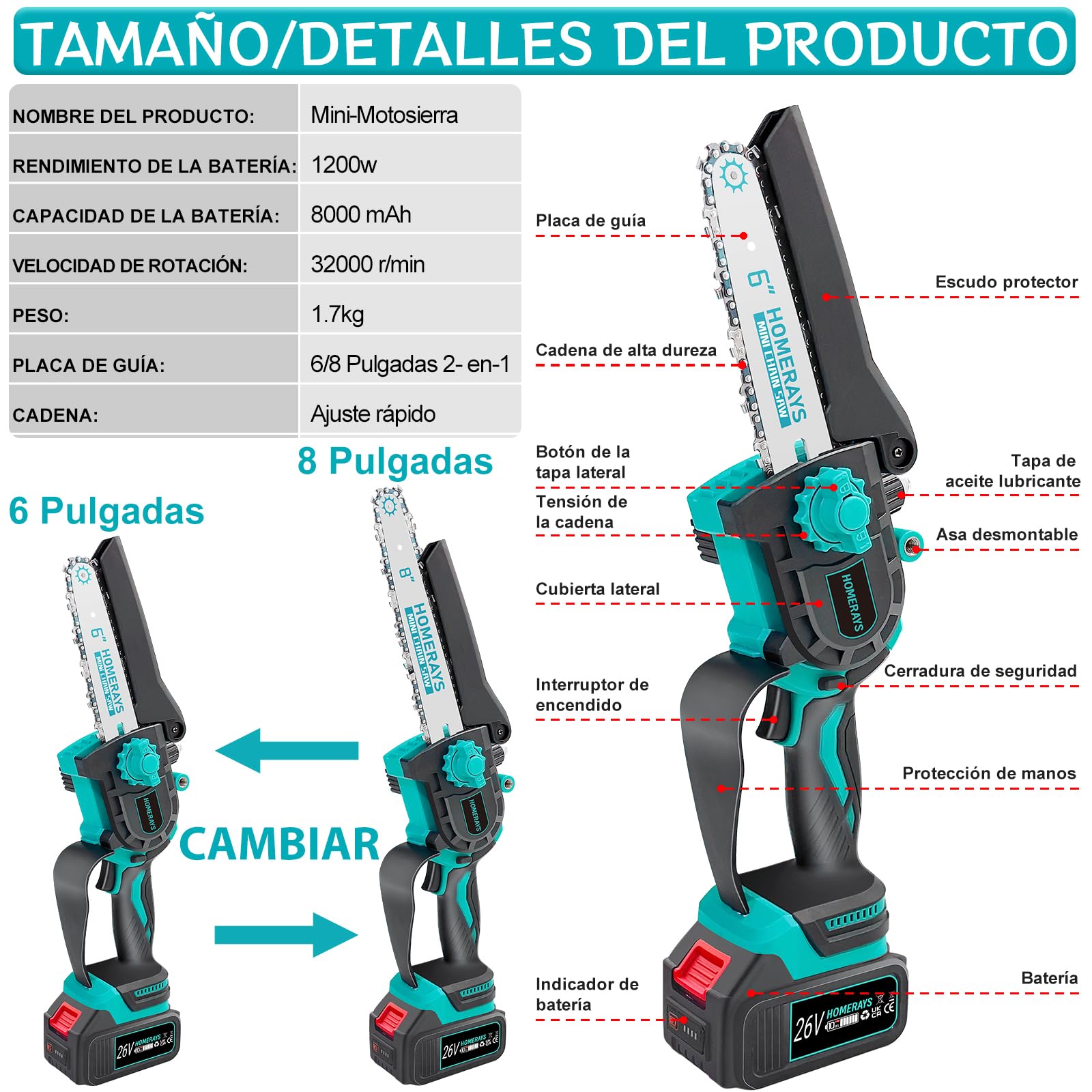 Mini Motosierra Bateria 8000mAh, Homerays 6 y 8" motosierra Inalámbrica con Engrasador Automáticopara y 2 * 4000mAh Baterías, Motosierra Inalámbrica Portátil para Podar Árboles de Jardinería