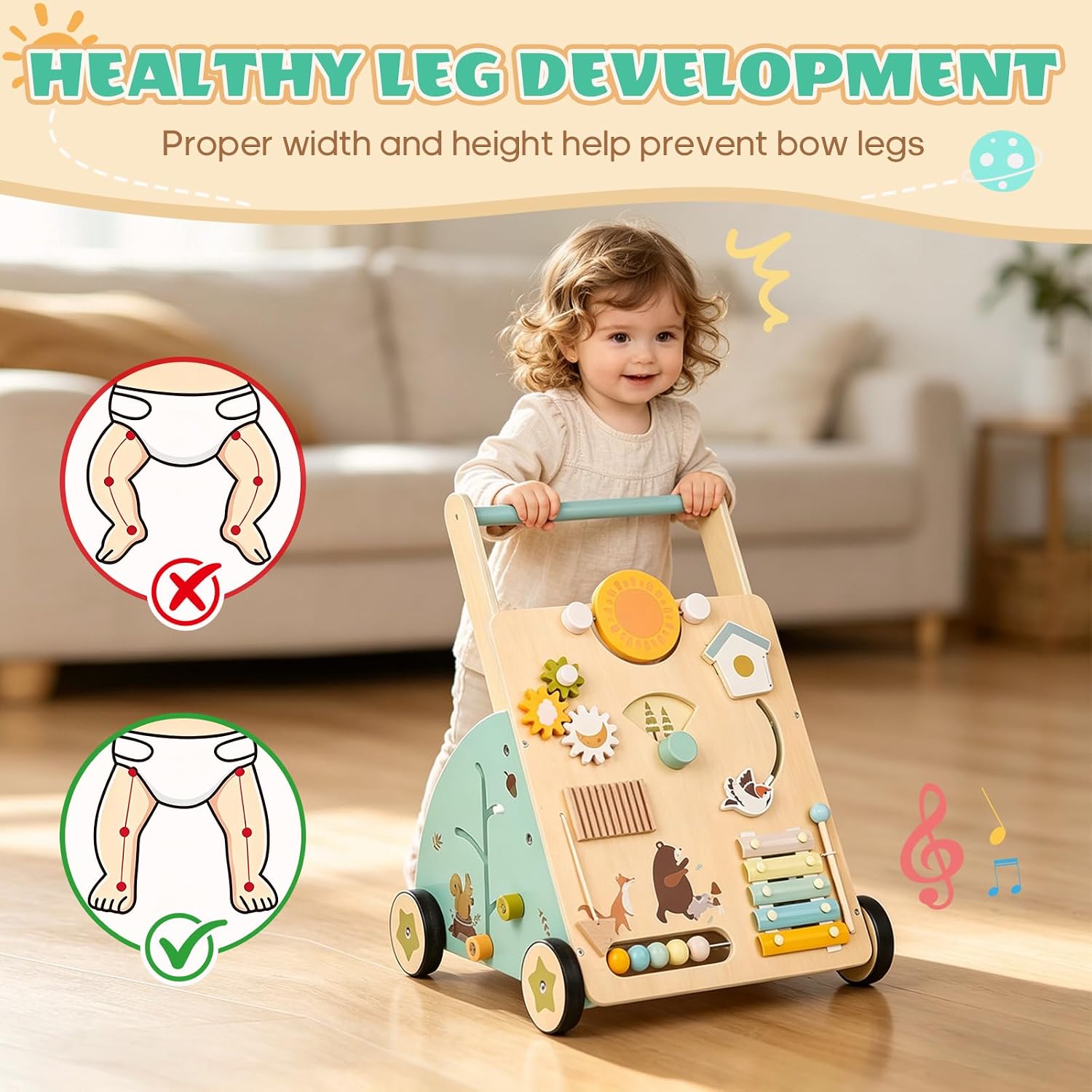 Brownroot Wooden Baby Walker with 9-in-1 Activity Center, Woodland Themed Montessori Toddler Push Toy with Xylophone, Counting Beads & Shape Sorter, Early Educational Learning Toy for 1+ Year Old