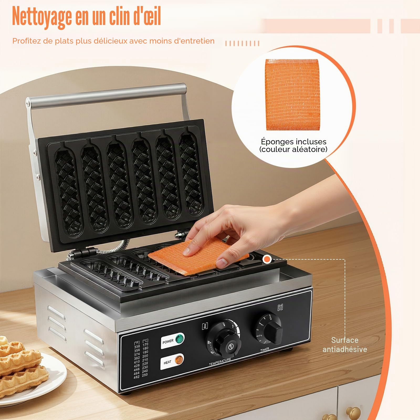 Waffeleosen - Gaufrier professionnel en acier inoxydable - 1500 W - Pour gaufres sur le manche - Pour 6 gaufres/hot-dogs en 5 minutes