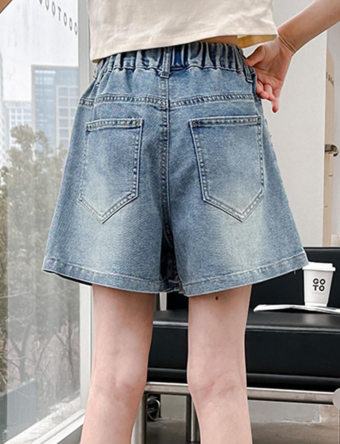 Happy Cherry Kids Girls Jeans Shorts Summer Denim Half Pants Casual Wide Leg Shorts Elastic Waist Stretch Shorts 3-14Y
