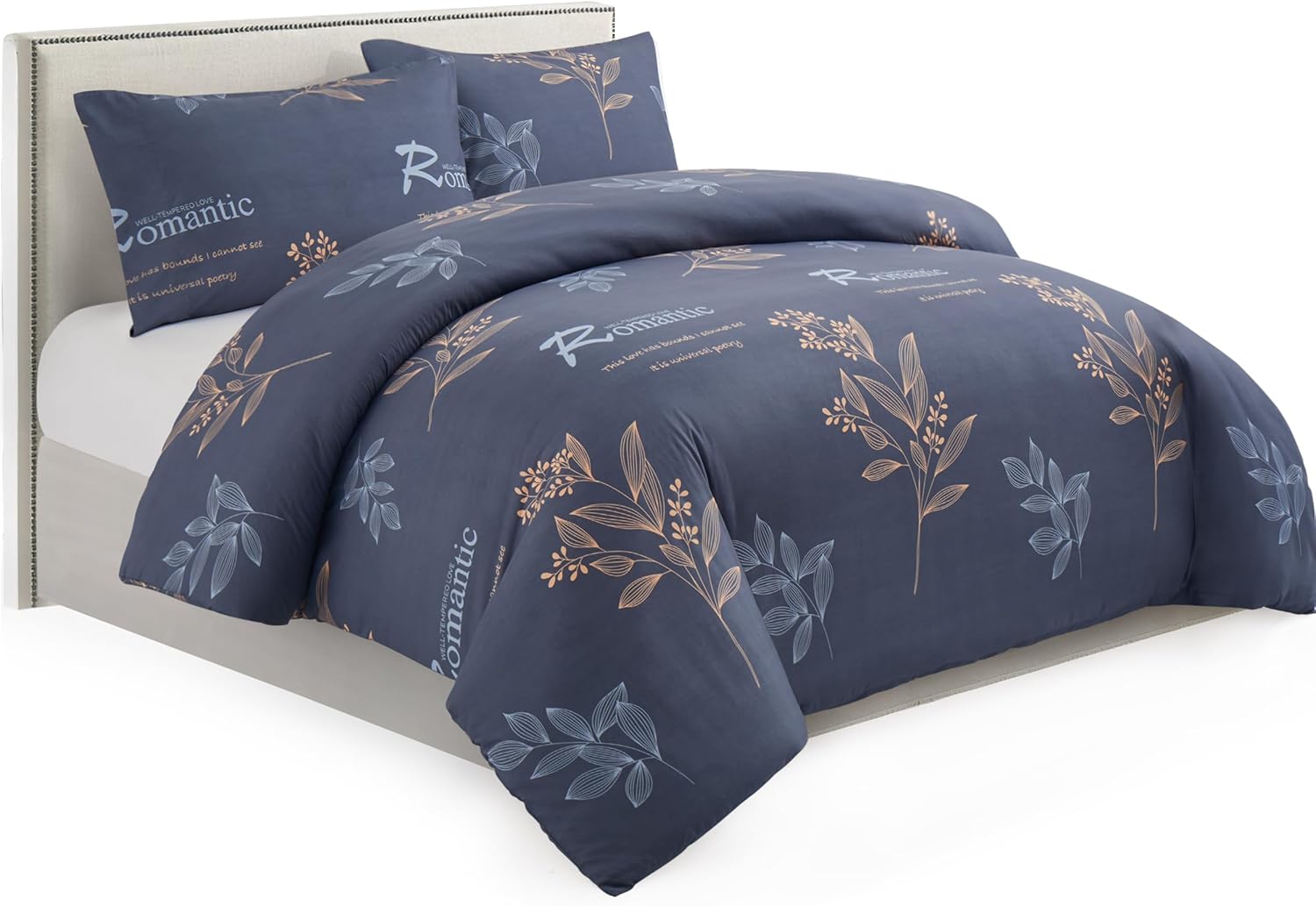 Marina Decoration Soft Silky Rich Printed Rayon from Bamboo All Season 3 Pieces Duvet Cover Fitted Sheet Ensemble Bedding Set with Zipper and Corner Tie, Romantic Foral Pattern Twin/Single Size