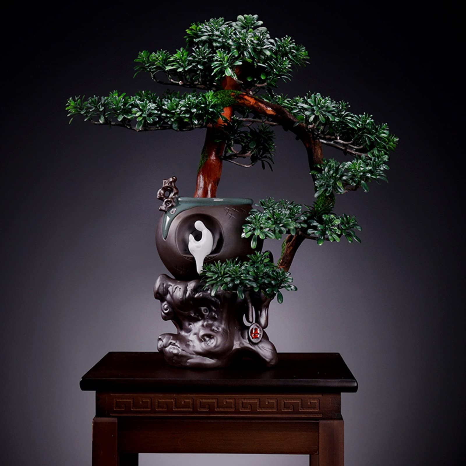 IUokLU Tree Fake Plant Artificial Bonsai Tree with Ceramic Bottom Planter, Base and White Monk Figurine, Houseplant Faux Bonsai Tree, Zen Feng Shui Decoration Potted Tree Artificial (C)