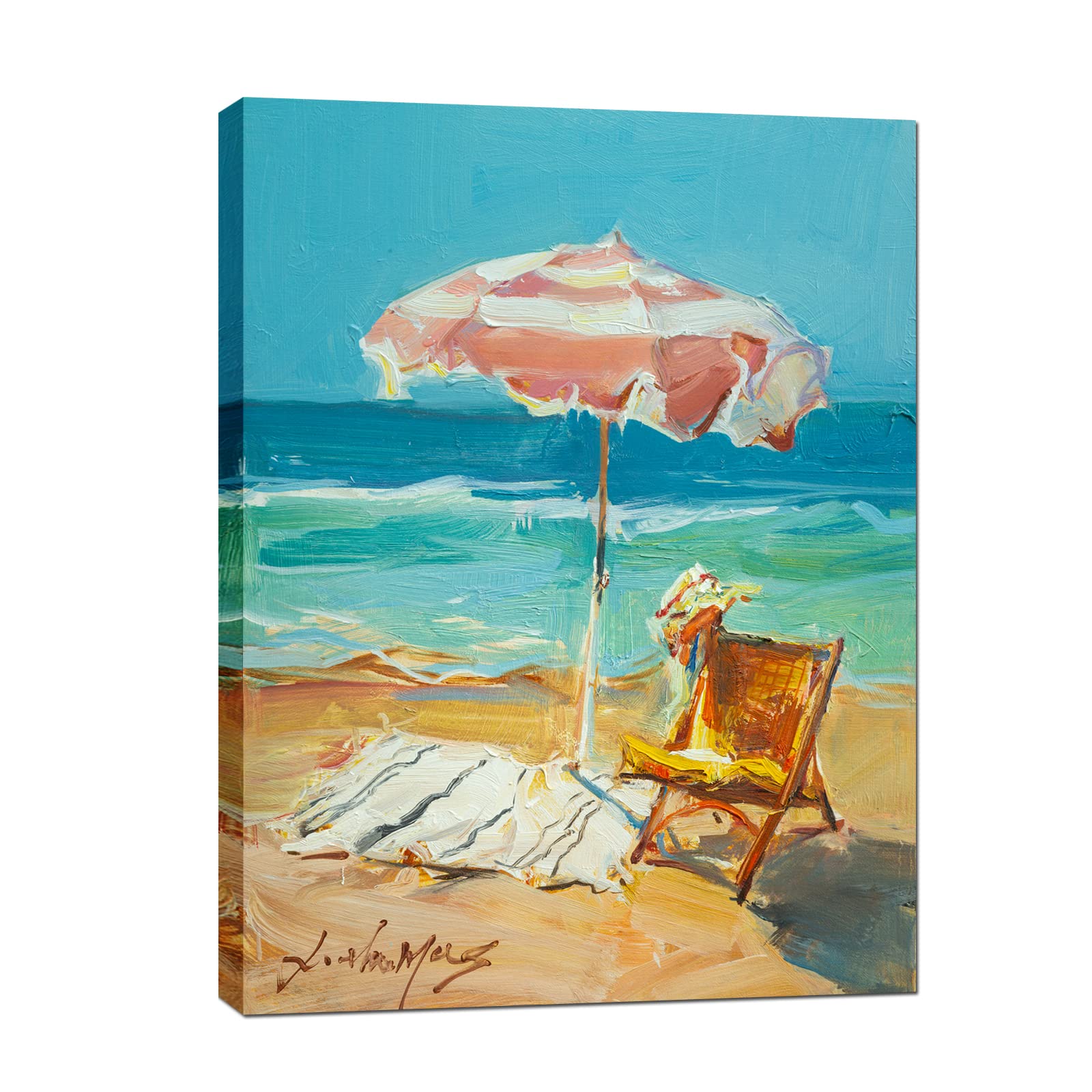 JZLDZS Coastal Bathroom Wall Art Beach Chair Umbrella Canvas Art Prints, Aesthetic Seaside Bedroom Artwork Framed Yellow Blue Modern Seascape Summer