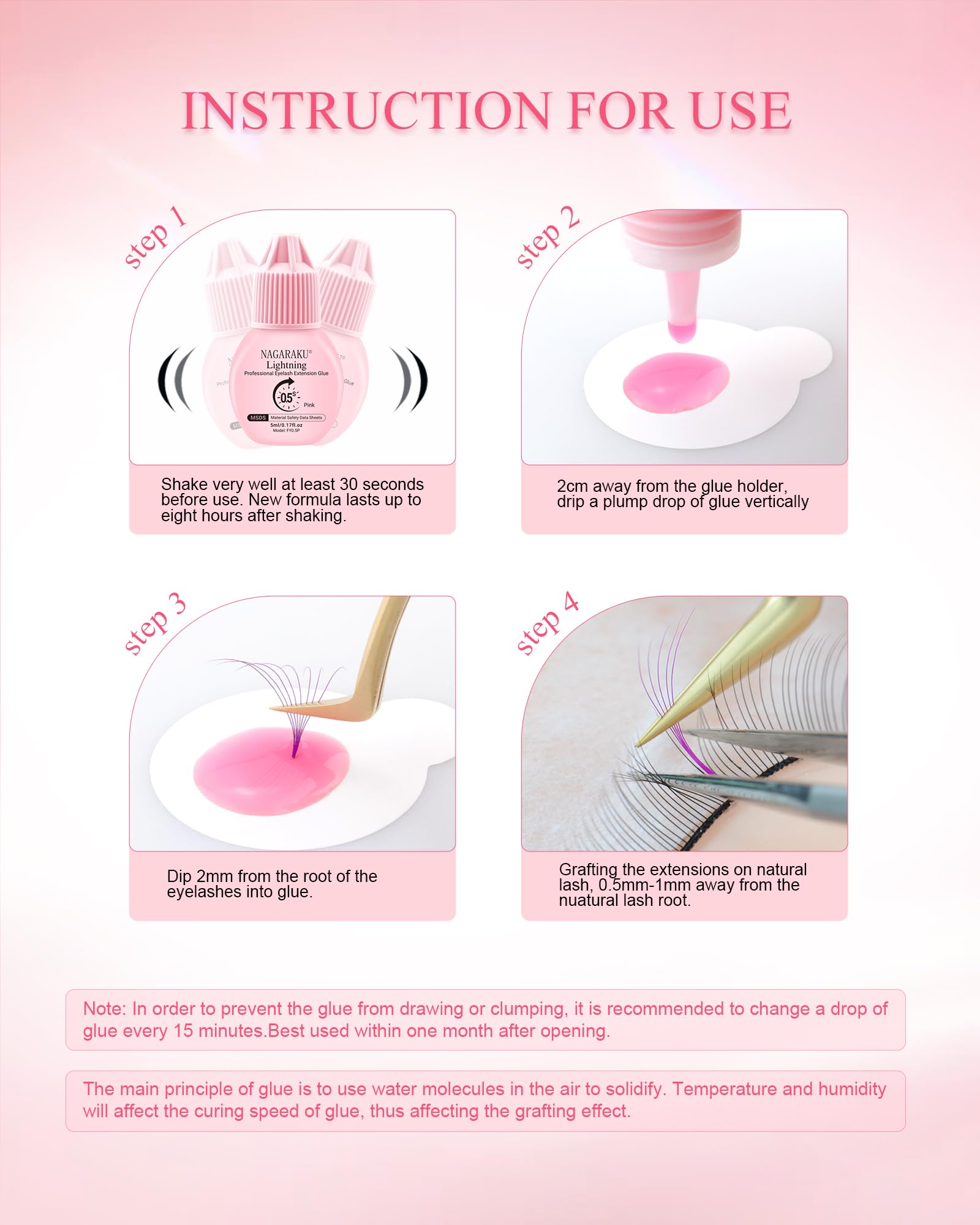 NAGARAKU Lightning Pink klej do rzęs 5 ml | 0,5 s bardzo szybkie schnięcie | utrzymuje się 6-7 tygodni | wysoka siła klejenia | trwałość 12 miesięcy | łatwy do usunięcia | nadaje się do jasnych lub