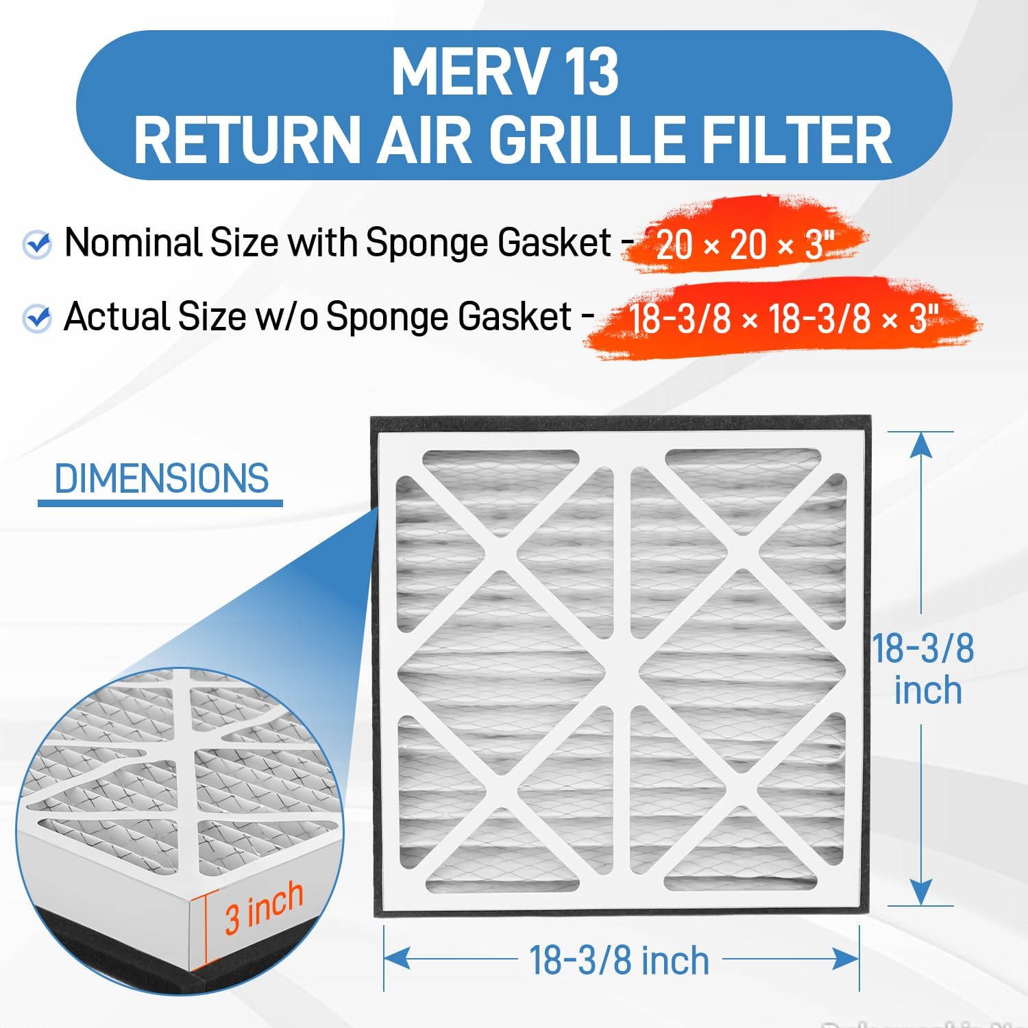 20x20x3 MERV 13 Pleated Air Filter Compatible with Zephyr VGF Series 20x20x3 Whole Home Return Air Grille Filter, MERV-13 Air Filtration System Grille Filters 2 Pack, Actual Size 18-3/8 × 18-3/8 × 3"