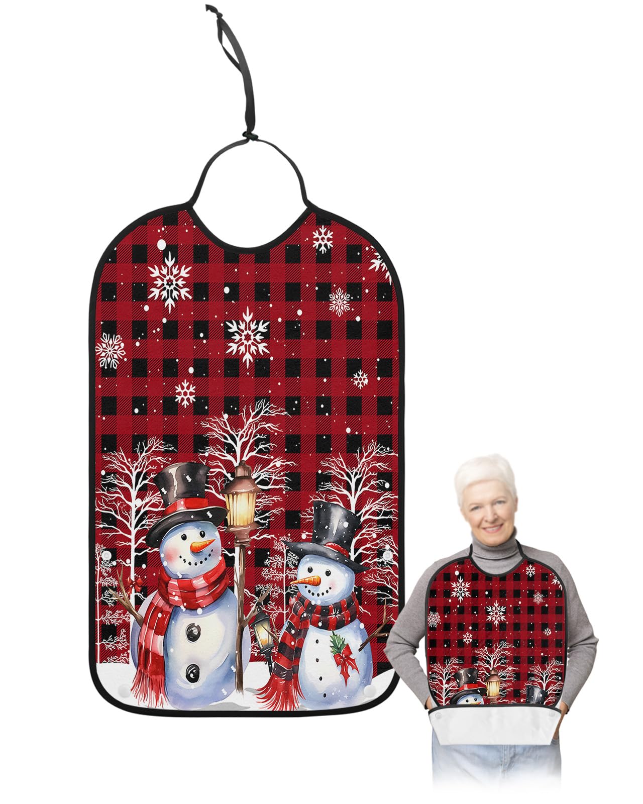 Red Black Plaid Christmas Adult Bibs for Eating, Waterproof Bibs with Food Catcher & Adjustable Snap Closure, Winter Snowman Xmas Tree Snowflake Clothing Protectors Adult Bibs for Elderly Women/Men
