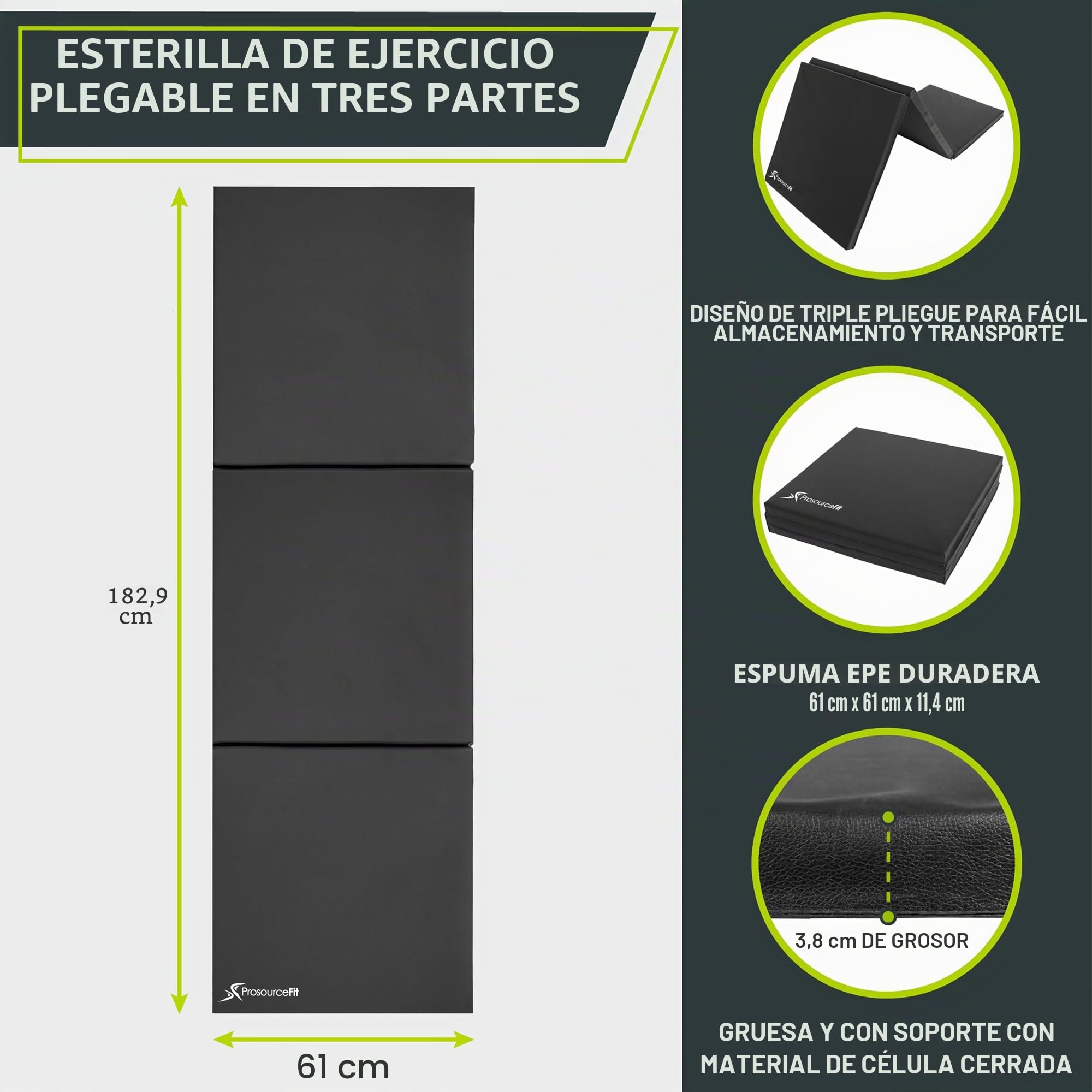 Esterilla de ejercicio plegable de tres pliegues 6x2 pies Prosource Fit con asas de transporte para artes marciales