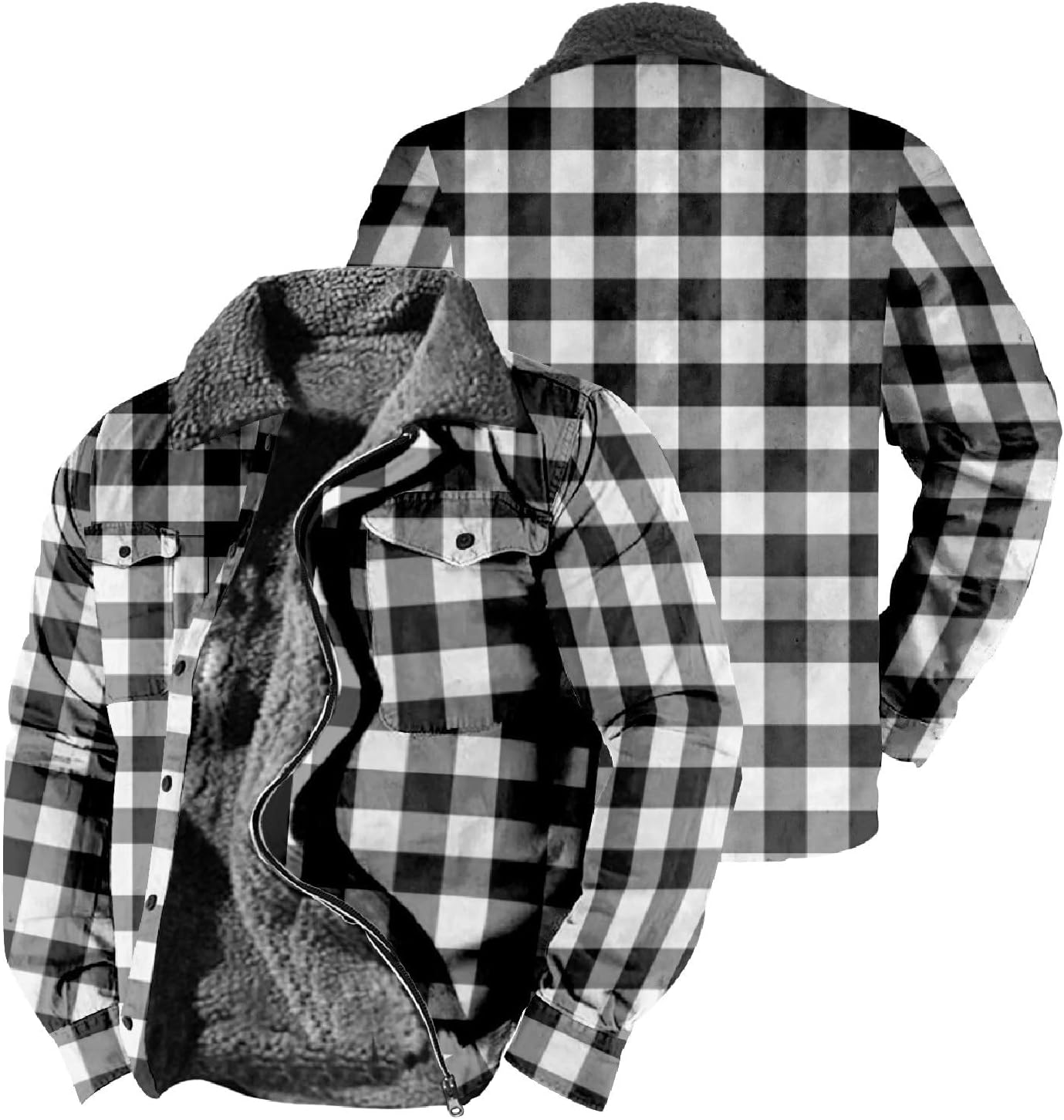QWENTMTNTY Sherpa Fleece Lined Jacket for Men Plaid Flannel Vintage Distressed Trucker Jacket Regular Fit Thermal Winter Coats