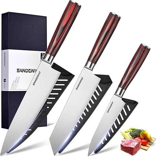 SANDEWILY Juego de cuchillos de chef profesional de 3 piezas, cuchillos japoneses ultra afilados con cuchillas de acero inoxidable de alto carbono,