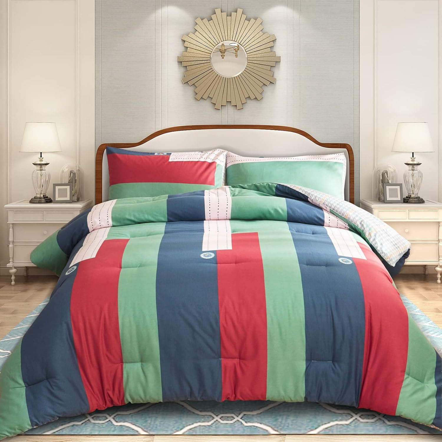 FANOYOL 3 Pieces Comforter Set, Modern Geometric Patchwork Pattern - Colorful Block Design, 400 GSM 100% Cotton Comforter Machine Washable for All Season - 2 Pillowcases