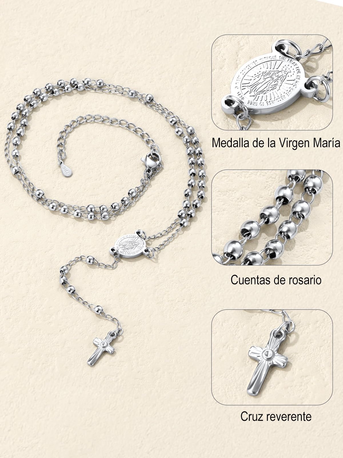 U7 Collar de Mujer y Hombre Rosario Medalla Milagrosa y Crucifijo Perlas de 3mm/6mm en Acero Inoxidable Color Plata Oro Negro Rosa con Libro de Oraciones, Manual y Caja de Regalo