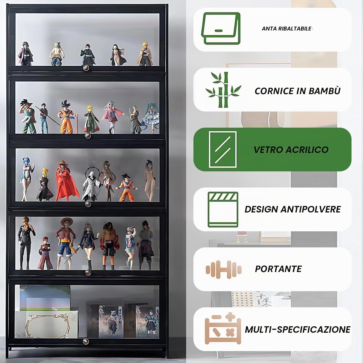 Armadio con porta in vetro acrilico, custodia di 5 livelli, Organizzatori di giocattoli da collezione Rack & Display Shelf, libreria per bambini per camera da letto (Coperchio nero)