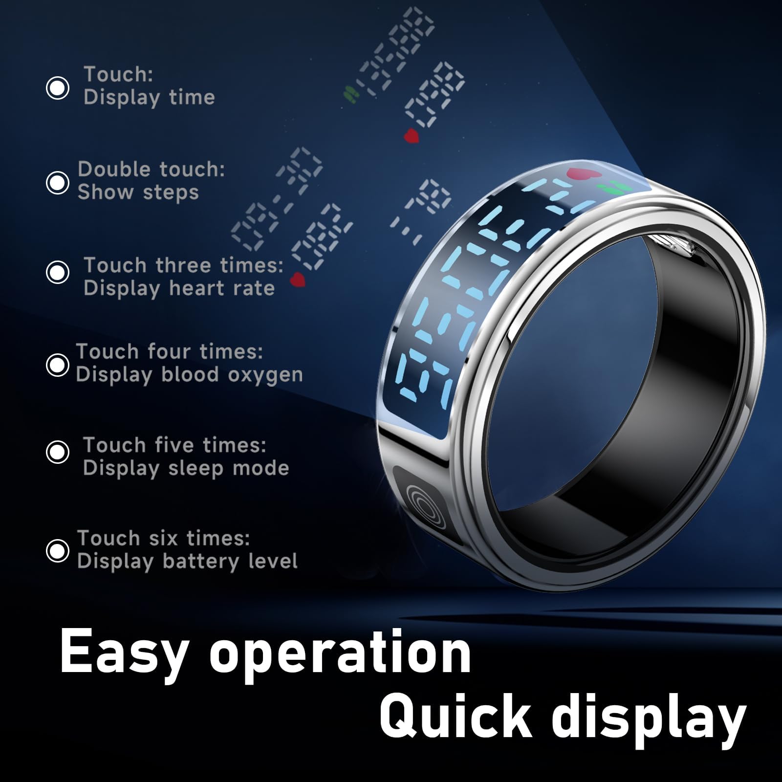 findtime Bague intelligente pour homme et femme - Bague intelligente Android - Suivi du sommeil - Fréquence cardiaque - SpO2 - Suivi des calories - Distance - Podomètre - Déclencheur à distance