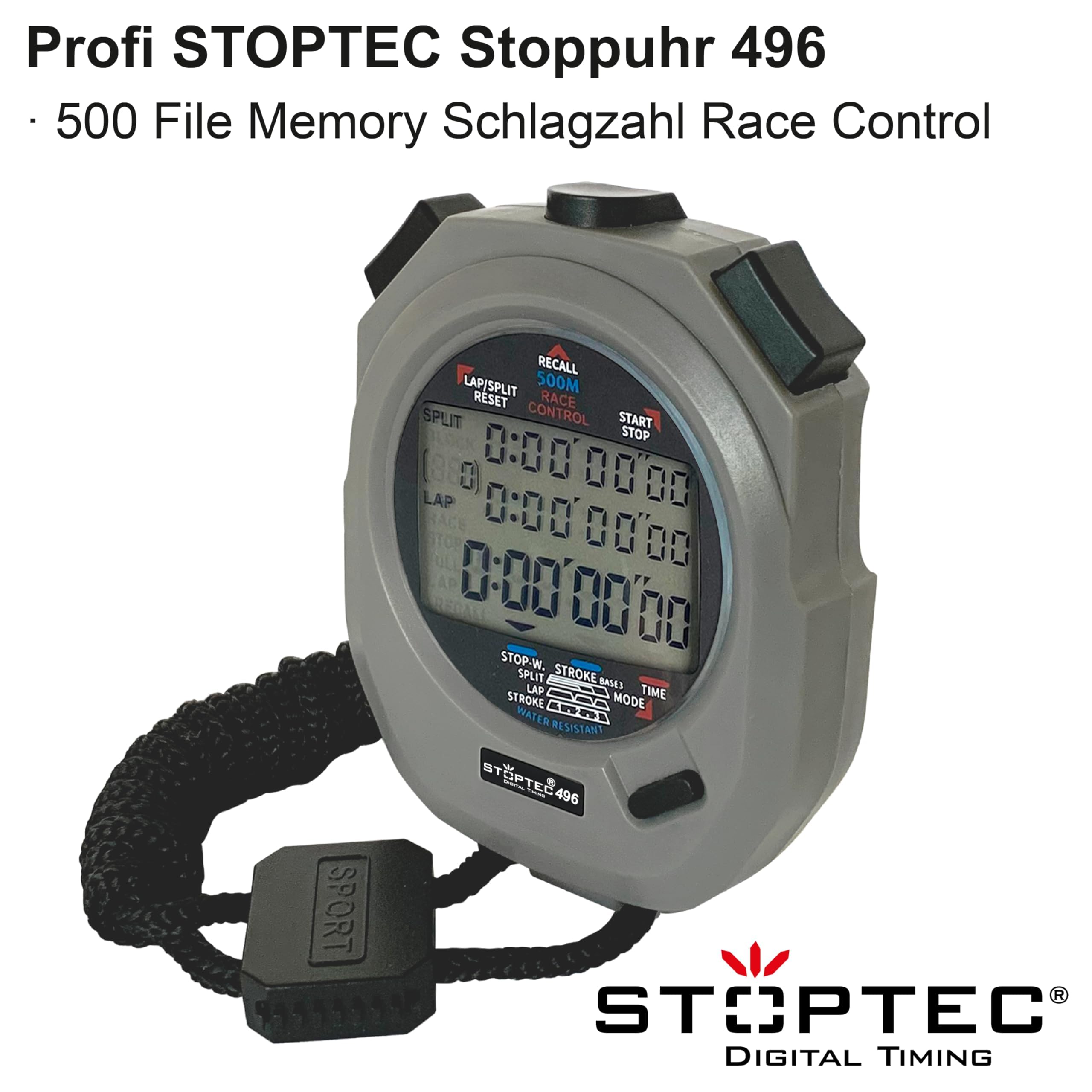 STOPTEC Stoppuhr 496 | 3-Zeilen Display | 500 Memory | Schlagzahlmessung | Race Control | Uhrzeit & Datum | Spritzwasserfest | Einfacher Batteriewechsel