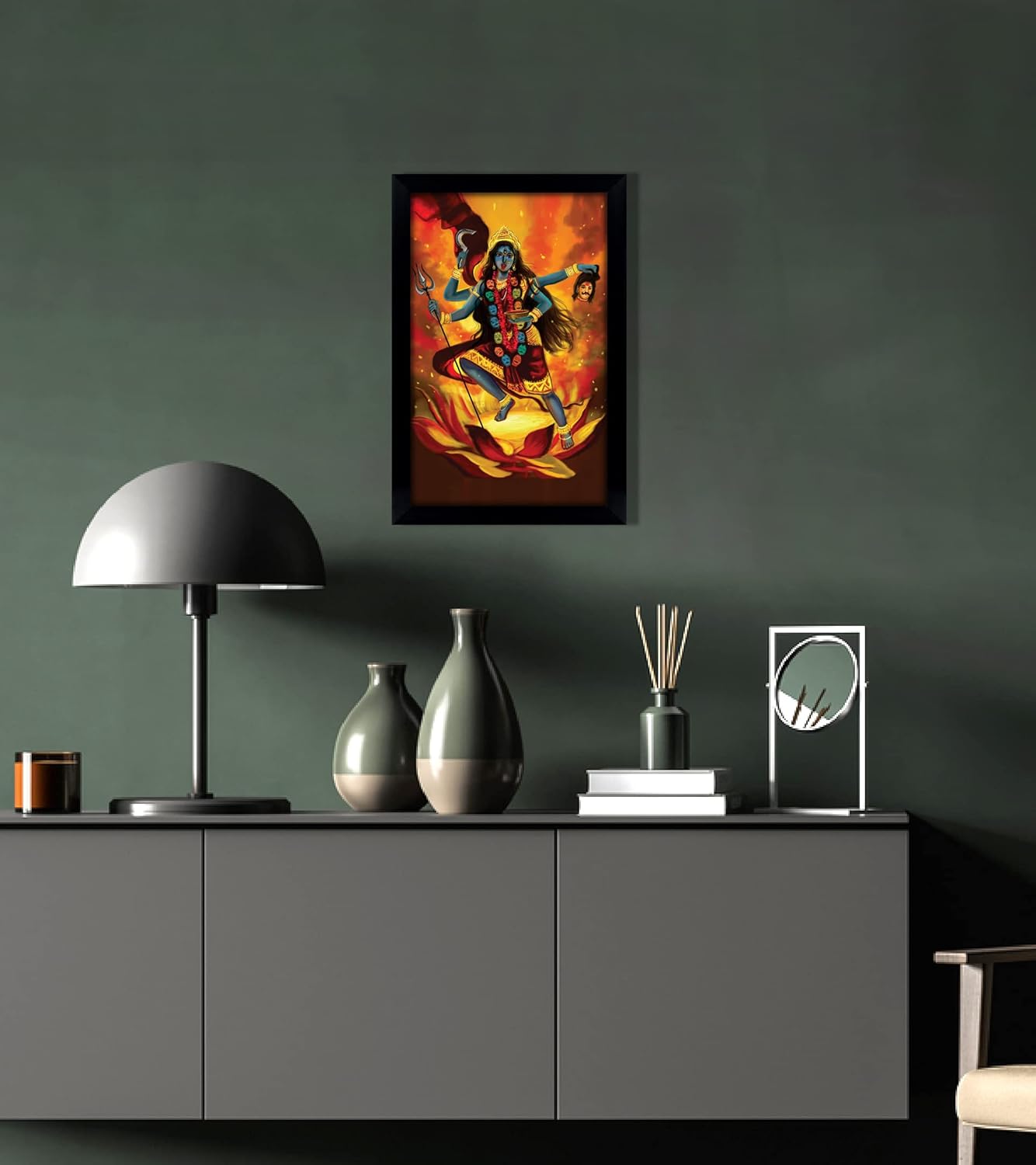 Maa Kaali On Lotus Flower Poster With Frame Wall God Photo Frame Holy Hindu Religious Poster Home Decor Ready To Hang Wooden Frame -12 x 18 Inches