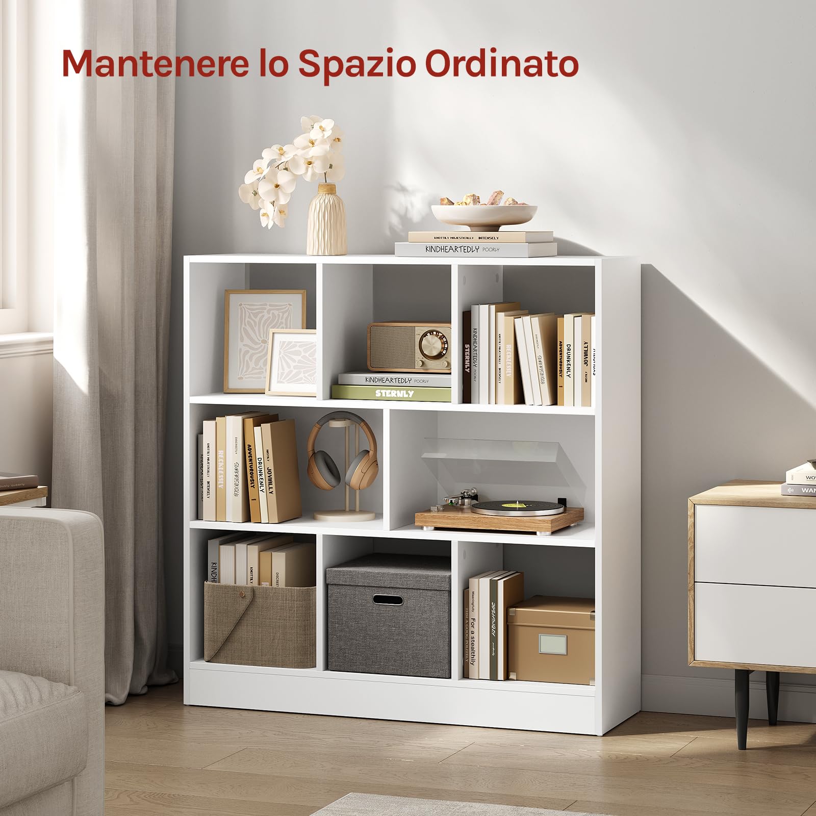 WOLTU Libreria Scaffale Espositore Bianca con 3 Ripiani Mobiletto in Legno 8 Cubi Aperti Armadio da Esposizione per Soggiorno Ufficio e Cameretta 98X30X100cm SK021cm
