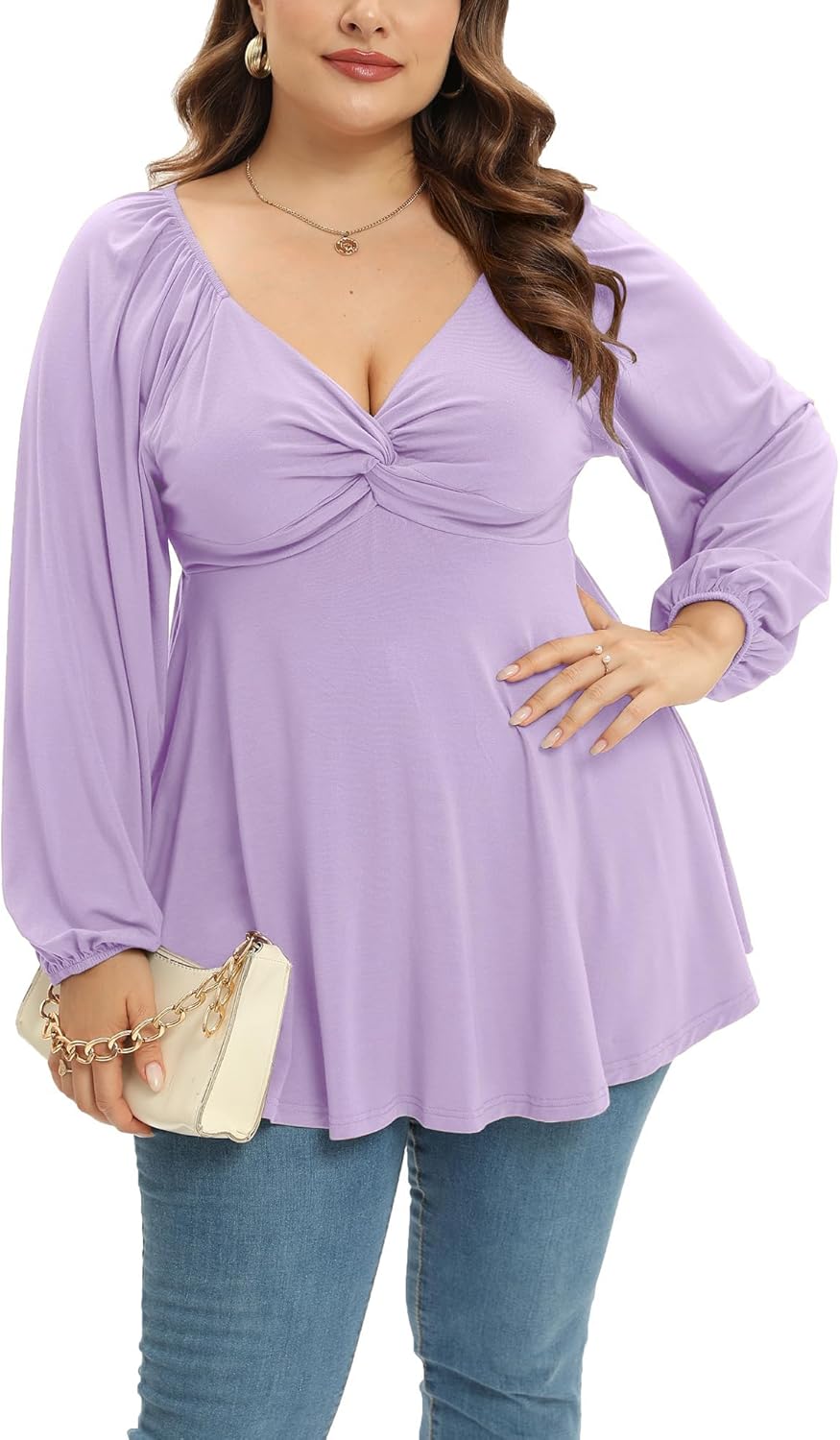 Womens Plus Size Tops Long Sleeve Twist Knot V Neck Shirts Casual Loose Tunic Blouse Fall and Winter