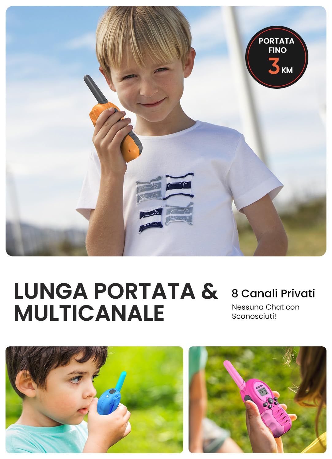 FOREDOM Walkie Talkie Ricaricabili per Bambini con Lunga Portata per Ragazzi e Ragazze da 3 a 12 Anni Regalo di Compleanno – Confezione da 3