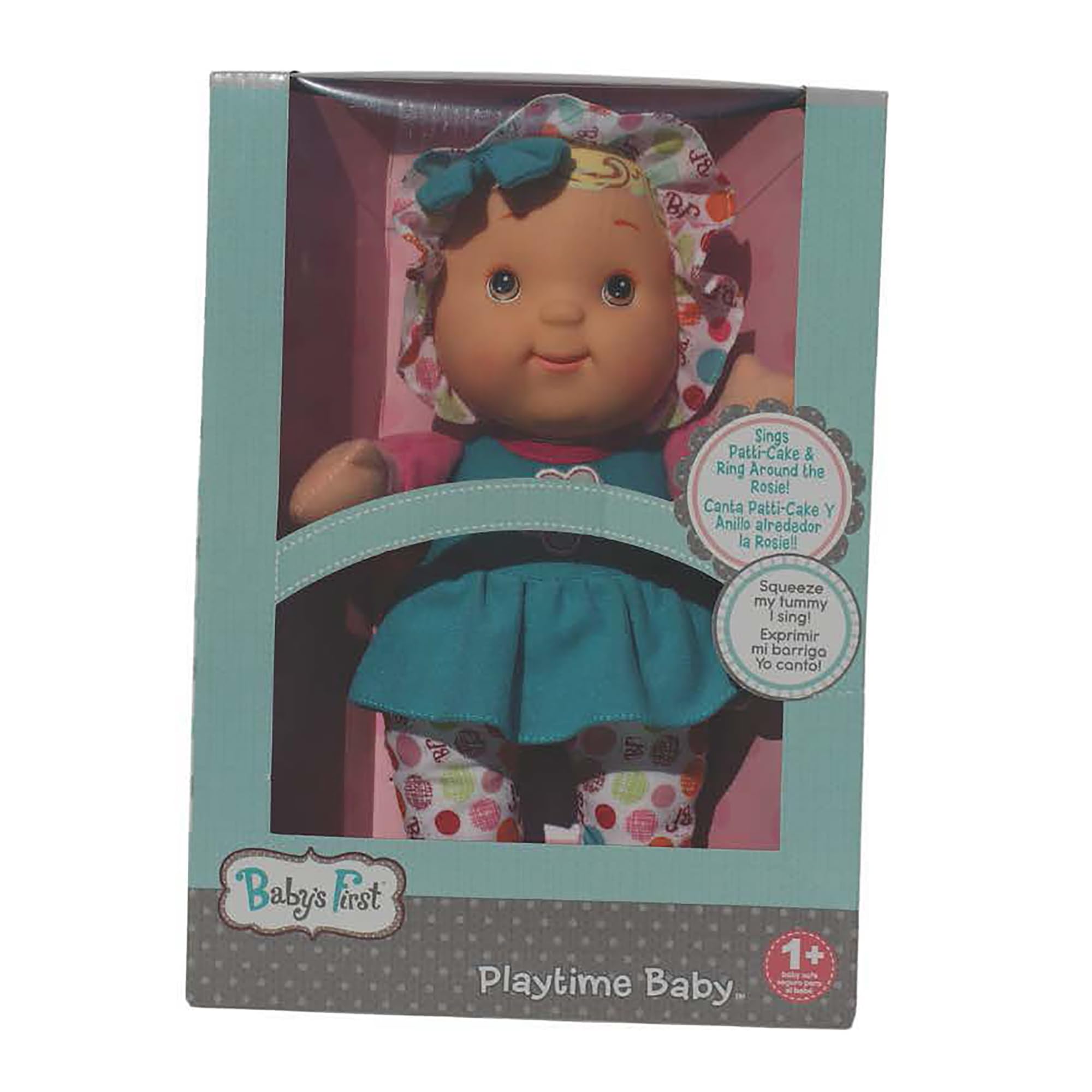 Baby's First Soft & Cuddly 12" Bilingual Playtime Baby Singing Musical Doll, Sings Patti Cake & Ring Around The Rosie - Teal Dress