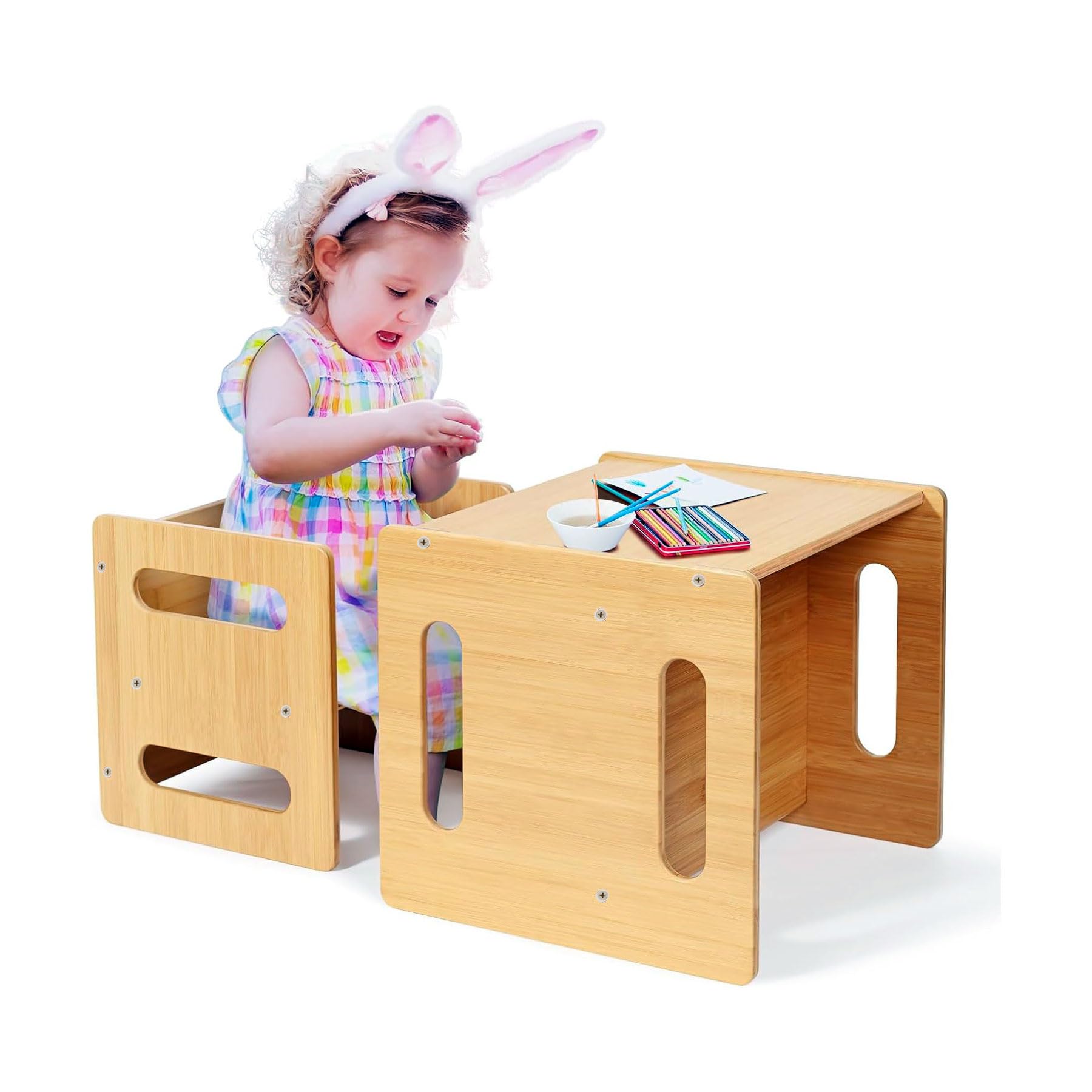 Keebori Wooden Kids Table and Chair Set – Montessori Toddler Furniture, Child Size Study Desk and Chair for Playroom, Nursery & Preschool (Chair Table Set - Beige) 4