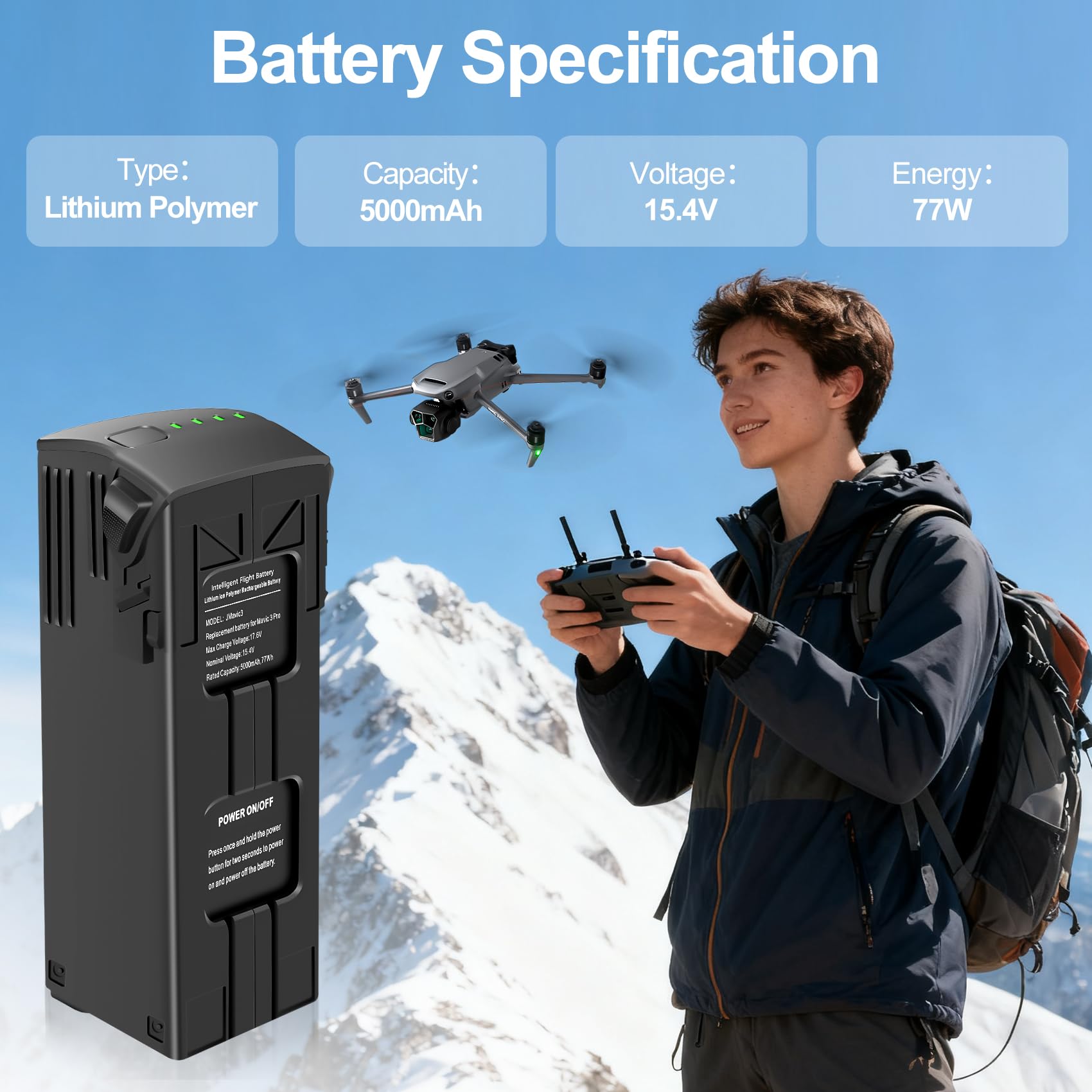 Intelligent Flight Mavic 3 - Batteria ricaricabile da 5000 mAh, tempo di volo massimo 46 minuti, compatibile con drone Mavic serie 3, confezione da 2