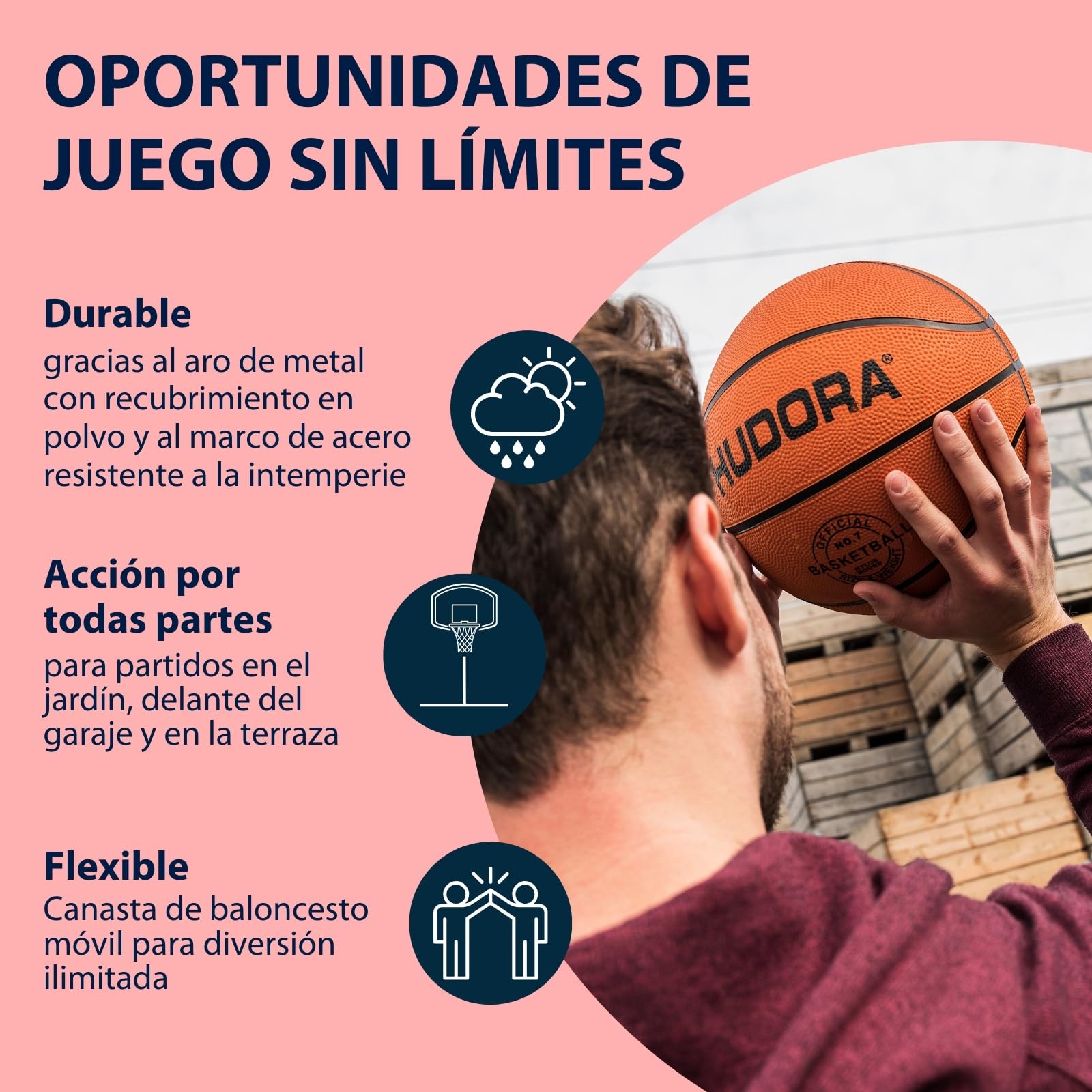 HUDORA Start Soporte de Baloncesto - Ajustable en Altura - móvil con Soporte para niños y Adolescentes - Canasta de Baloncesto para Exteriores con Ruedas