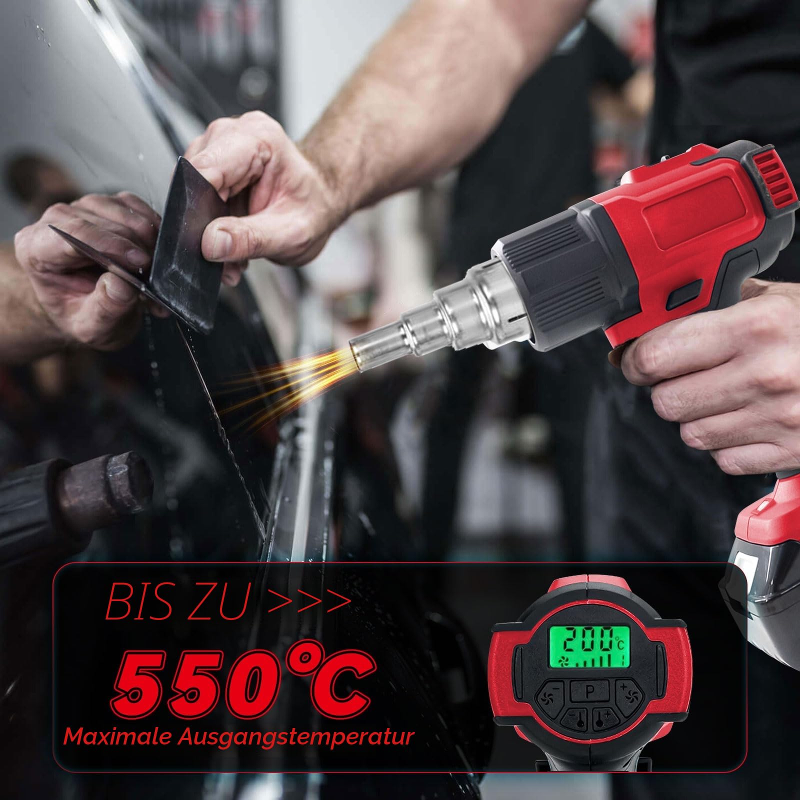Akku-Heißluftpistole für Milwaukee 18 V Akku, schnurlose Heißluftpistole mit LCD-Display und 5 Düsen, 50 °C - 550 °C, variable Temperaturregelung zum Schrumpfen von PVC, Basteln (keine Batterie)