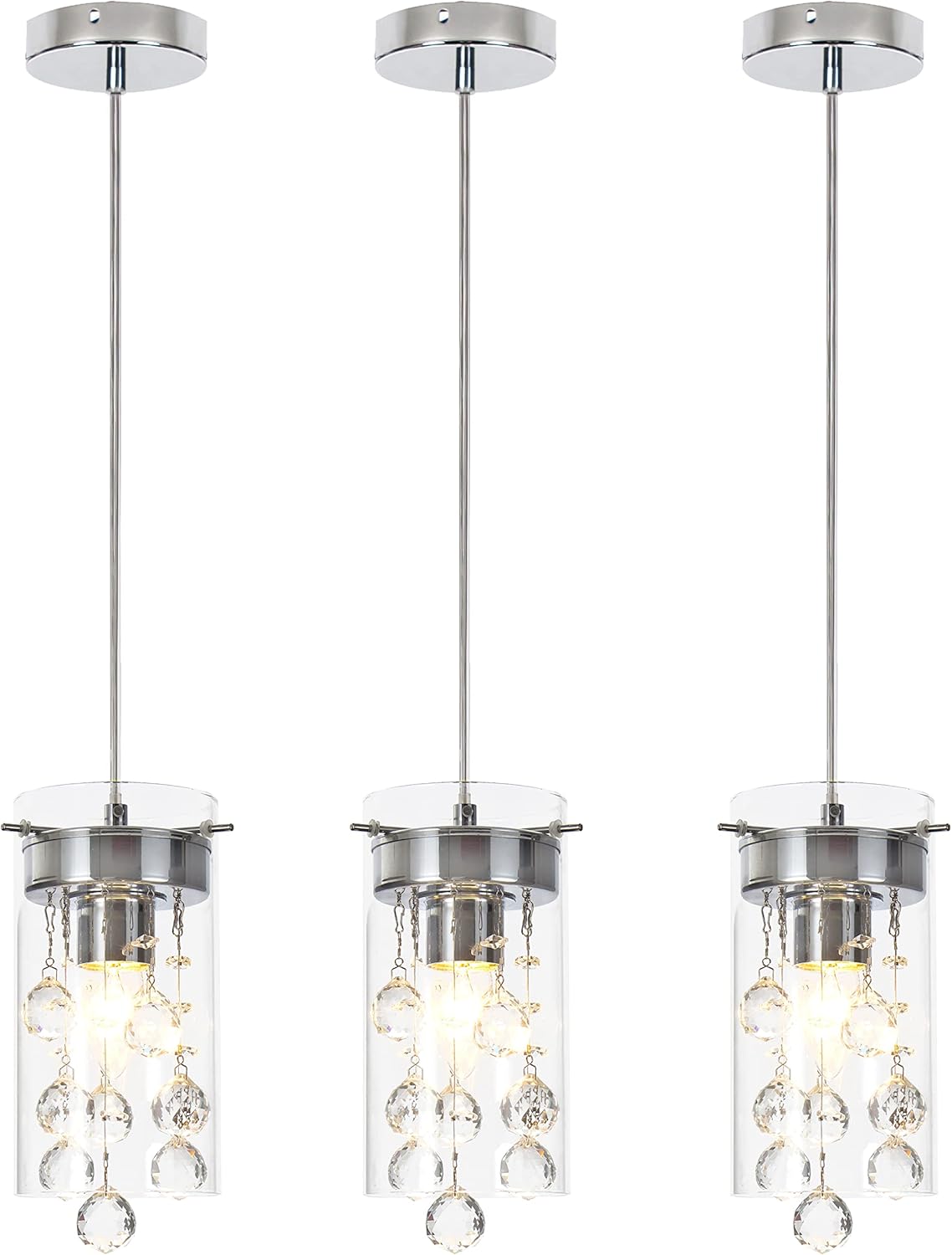 Crystal Pendant Light,Modern Kitchen Island Pendant,3 Pack Pendant Lights for Kitchen Island,Adjustable Chrome Pendant Light for Kitchen Dining Room Bedroom