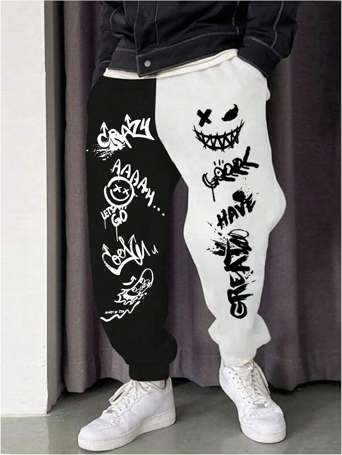 Men's Y2K Sweatpants Skull Letter Print Drawstring Waist Graphic Sweatpants Jogger Pants Black Colorblock Small - Image 3