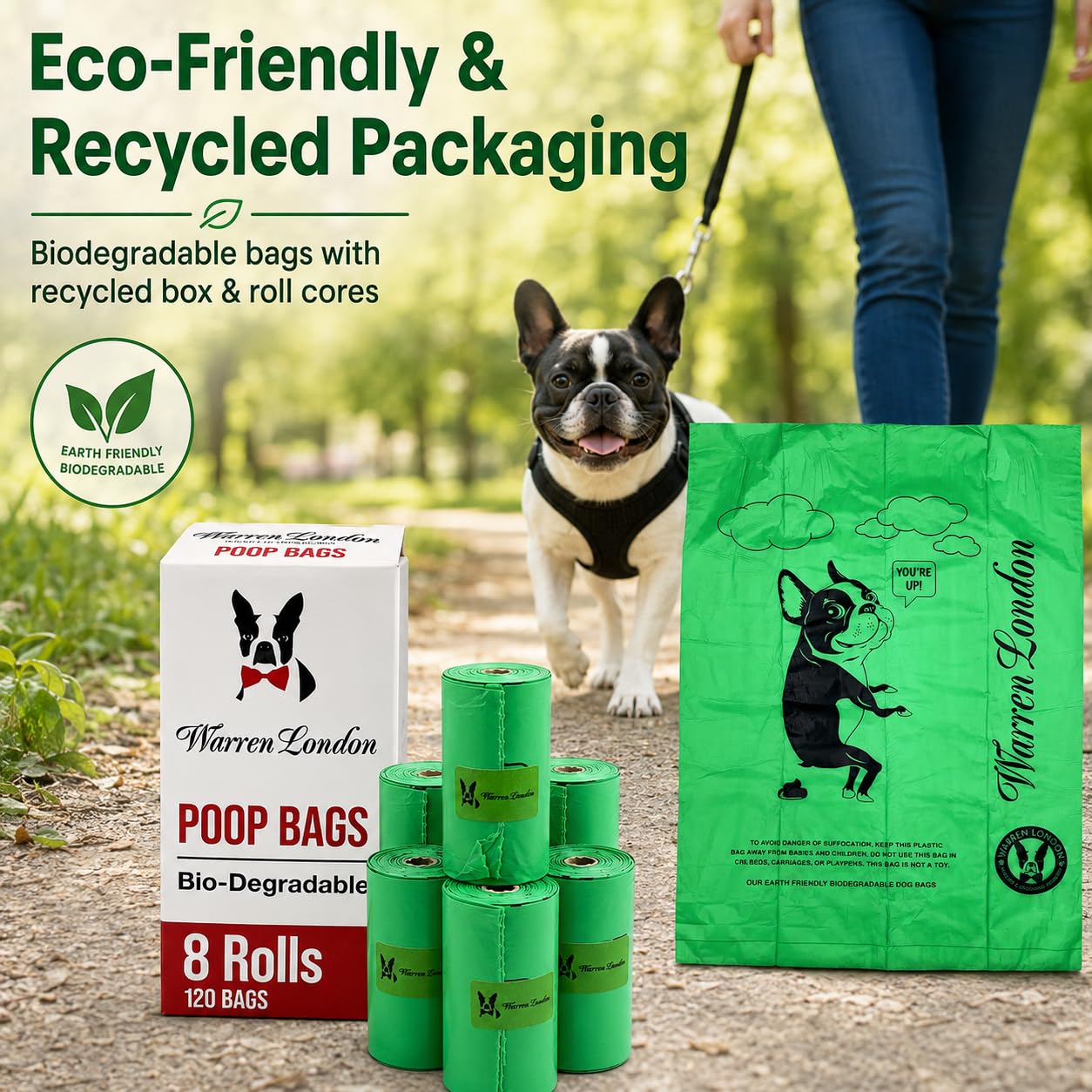Warren London Bolsas de caca para perros y mascotas, bolsas biodegradables para caca de perro para limpiar residuos de mascotas | Caja de 8 rollos