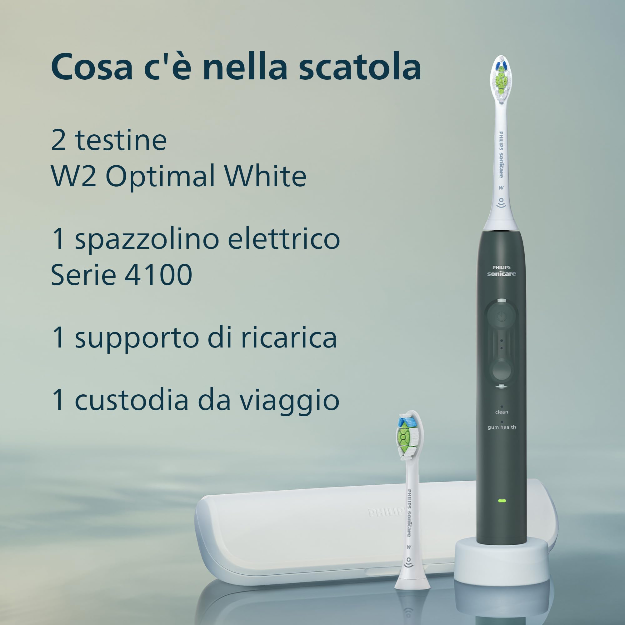 Philips Sonicare Serie 4100 - Spazzolino elettrico sonico, Sensore di pressione, 4 impostazioni, EasyStart, SmarTimer, autonomia 21 giorni, custodia, verde bosco, HX4042/46, [Nuovo]